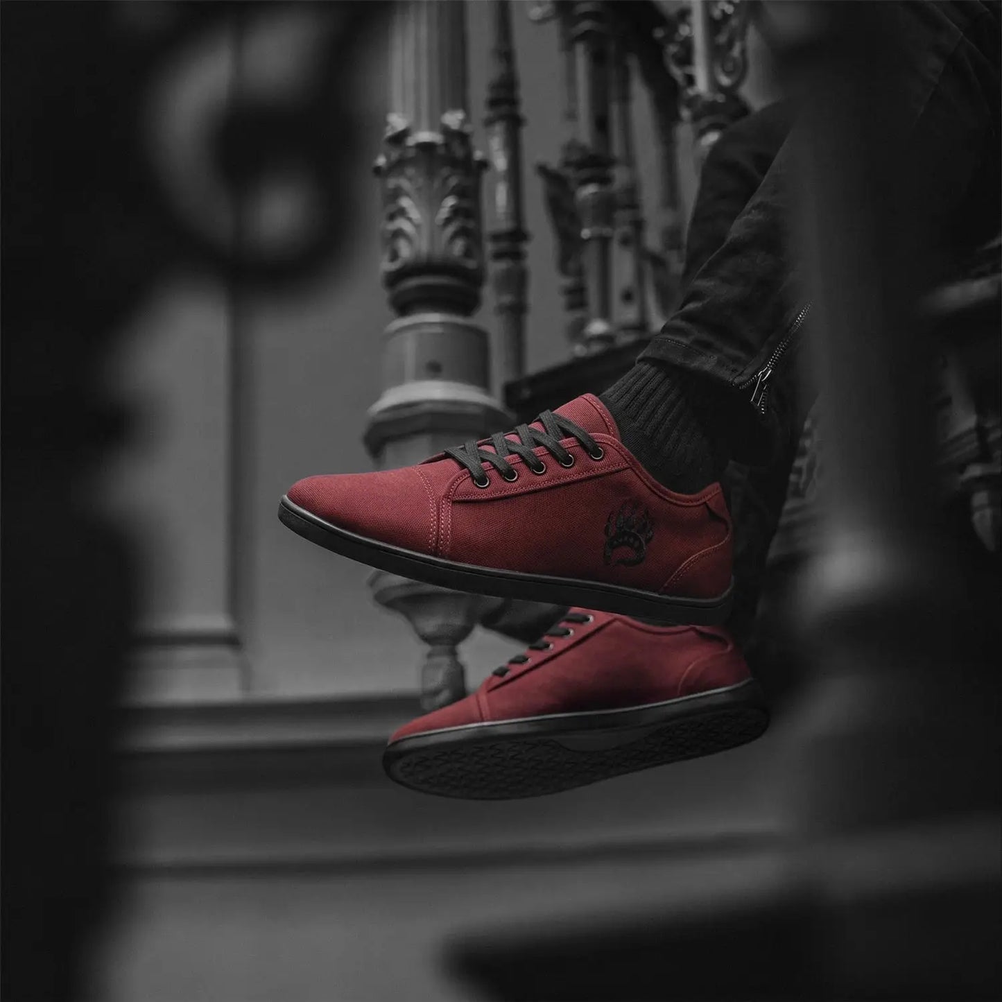Red suede ursus cltg2 blood moon low-top barefoot sneaker with black laces and subtle embroidered logo on the side