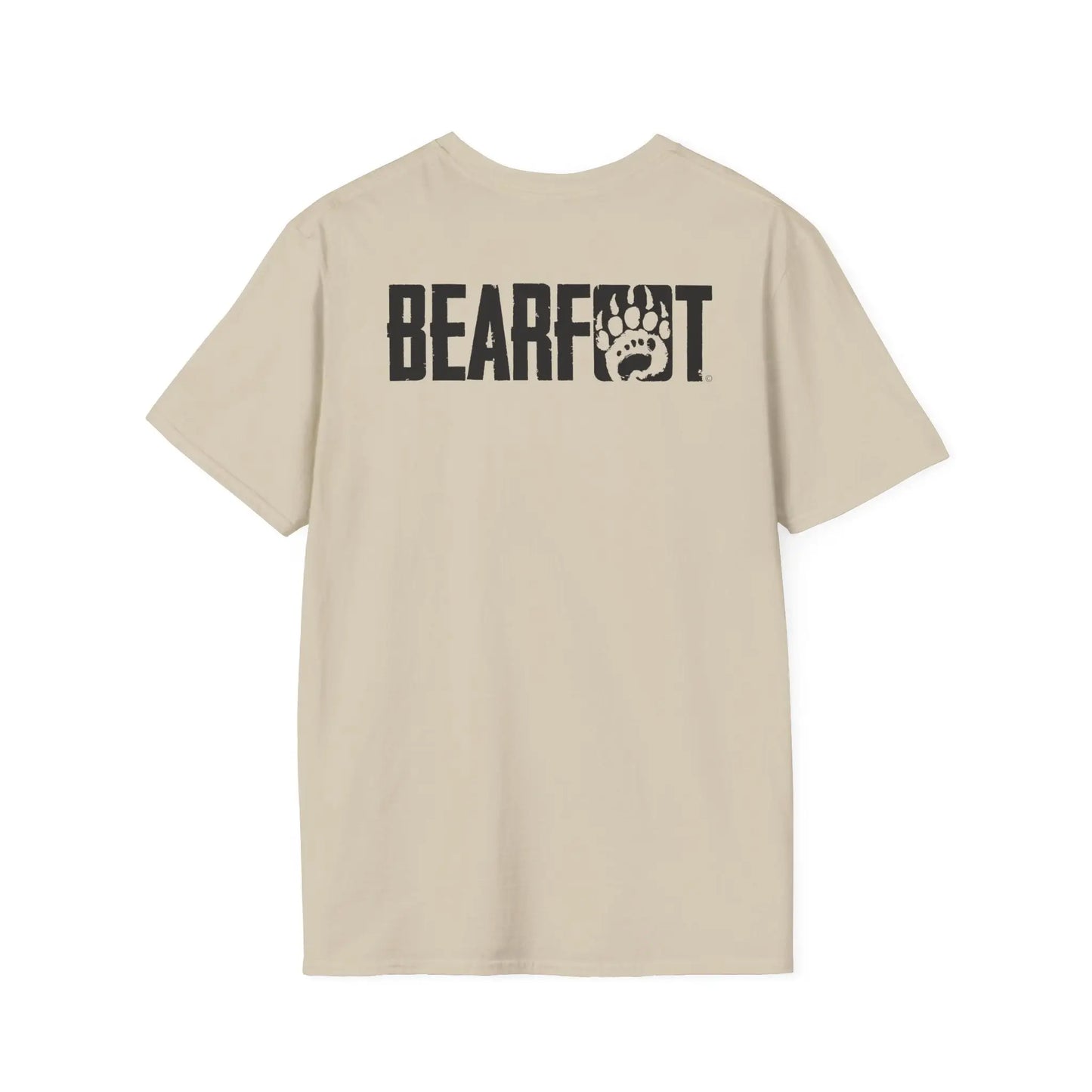 Back of basic t-shirt boasts beige short-sleeved design with black bearfoot logo and paw print