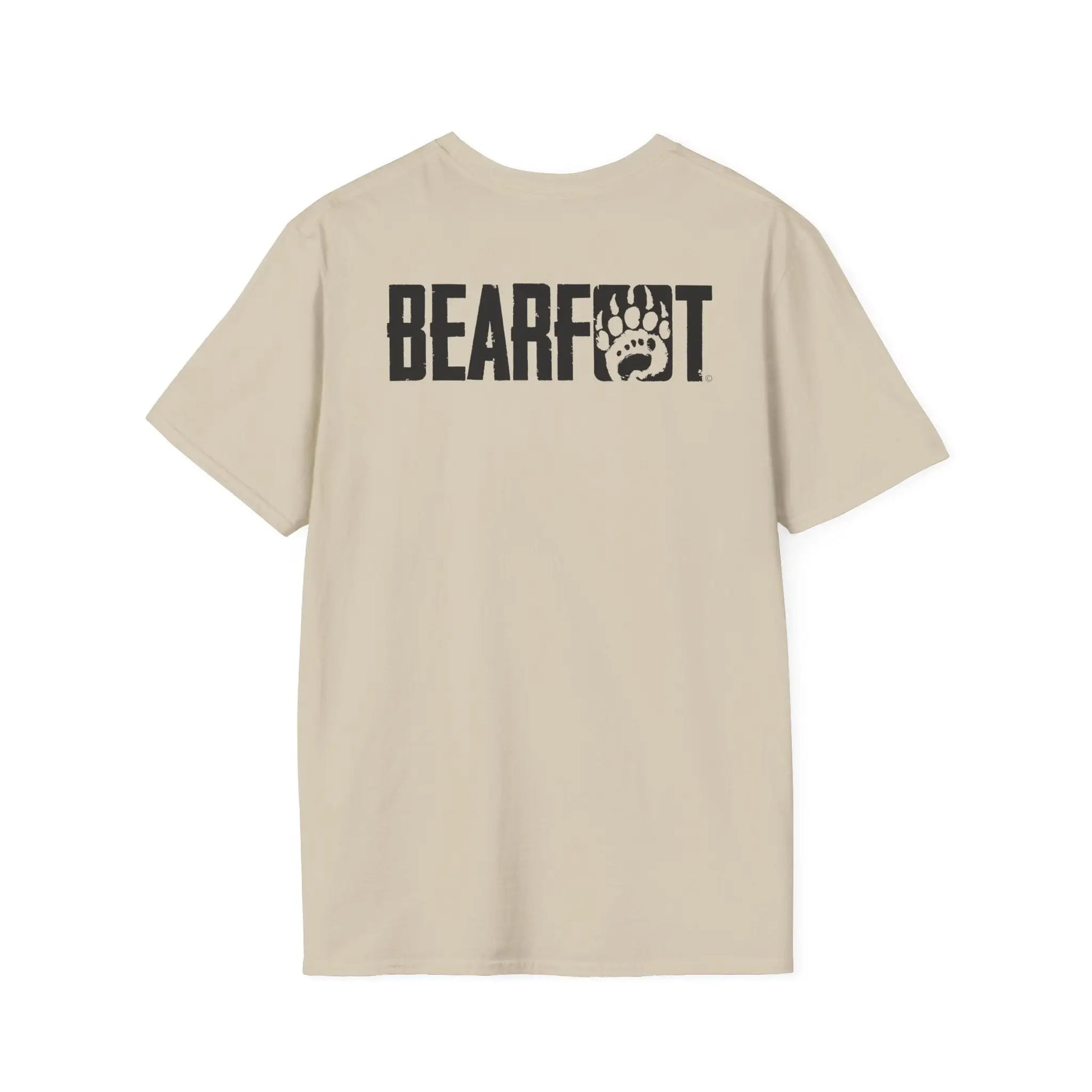 Back of basic t-shirt boasts beige short-sleeved design with black bearfoot logo and paw print