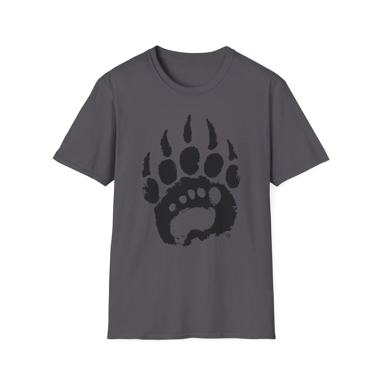 Dark gray basic t-shirt boasts bold black bear paw print graphic