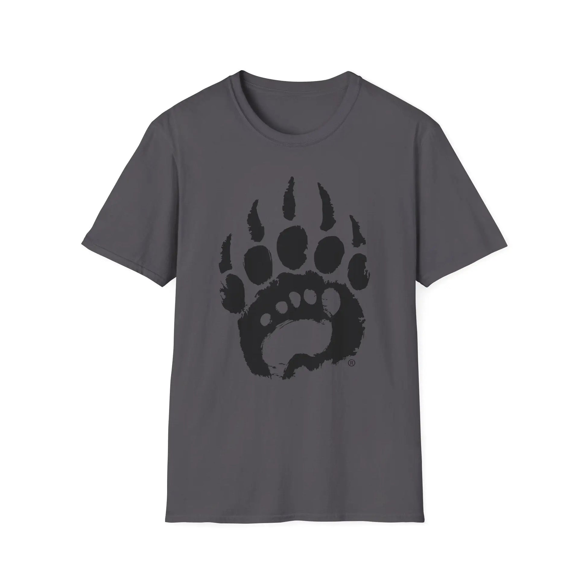 Dark gray basic t-shirt boasts bold black bear paw print graphic
