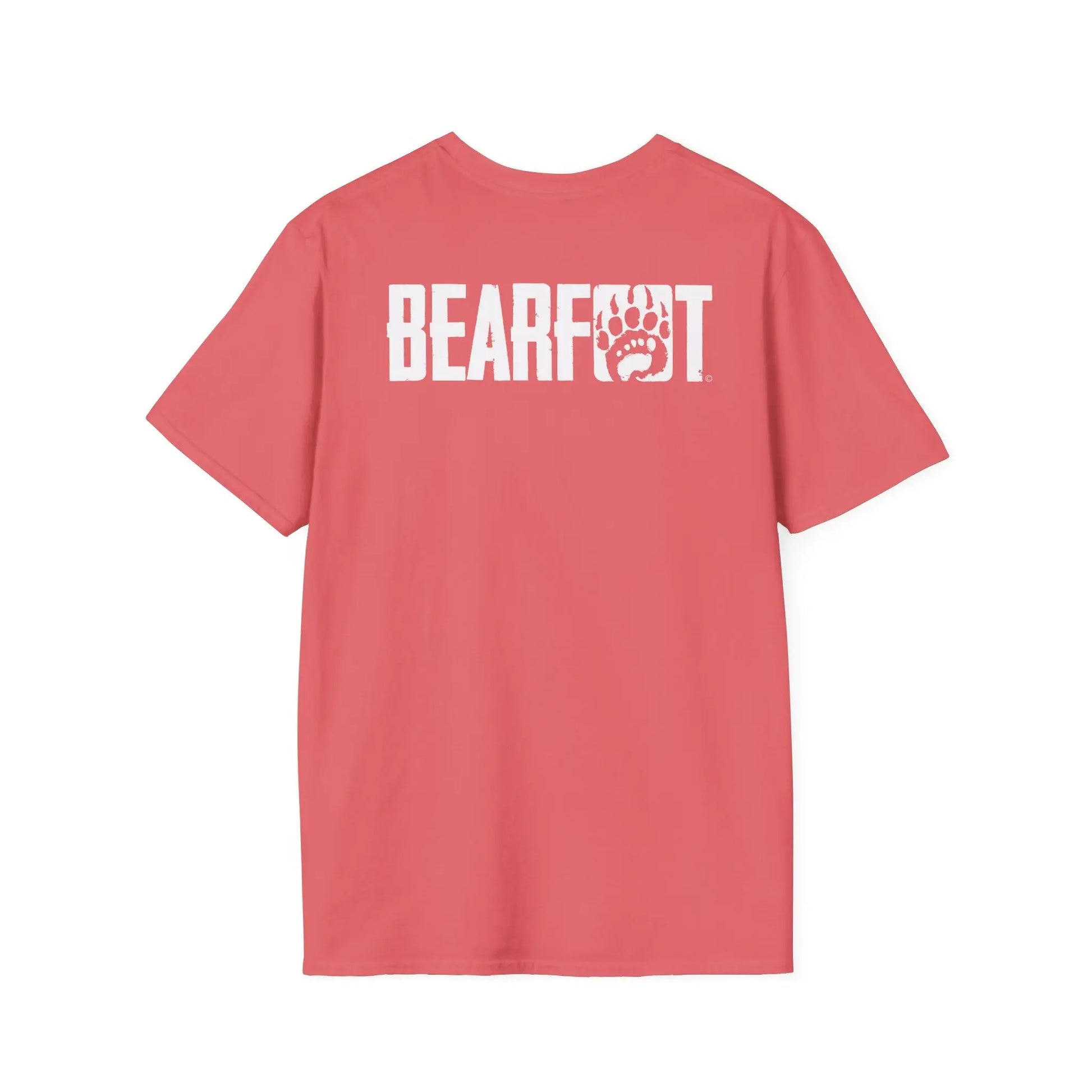 Back of coral basic t-shirt boasts white bearfoot logo with paw print