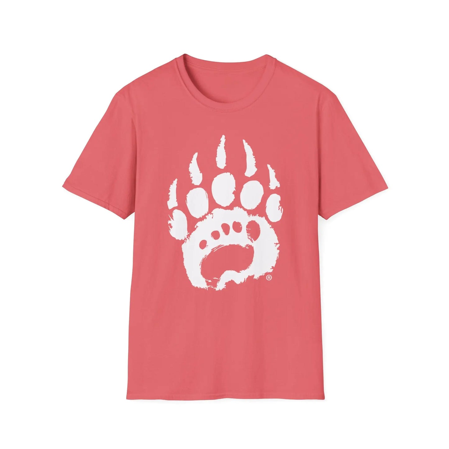 Basic t-shirt boasts coral cotton with bold white bear paw print