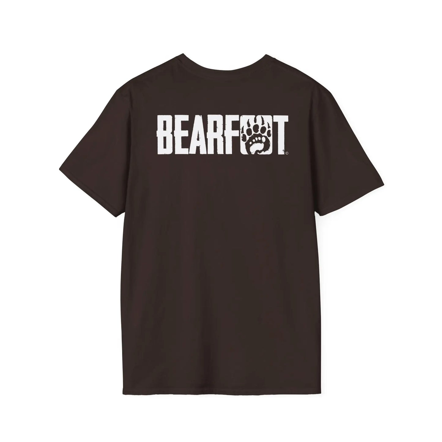 Basic t-shirt boasts dark brown short-sleeve with bold white bearfoot paw logo