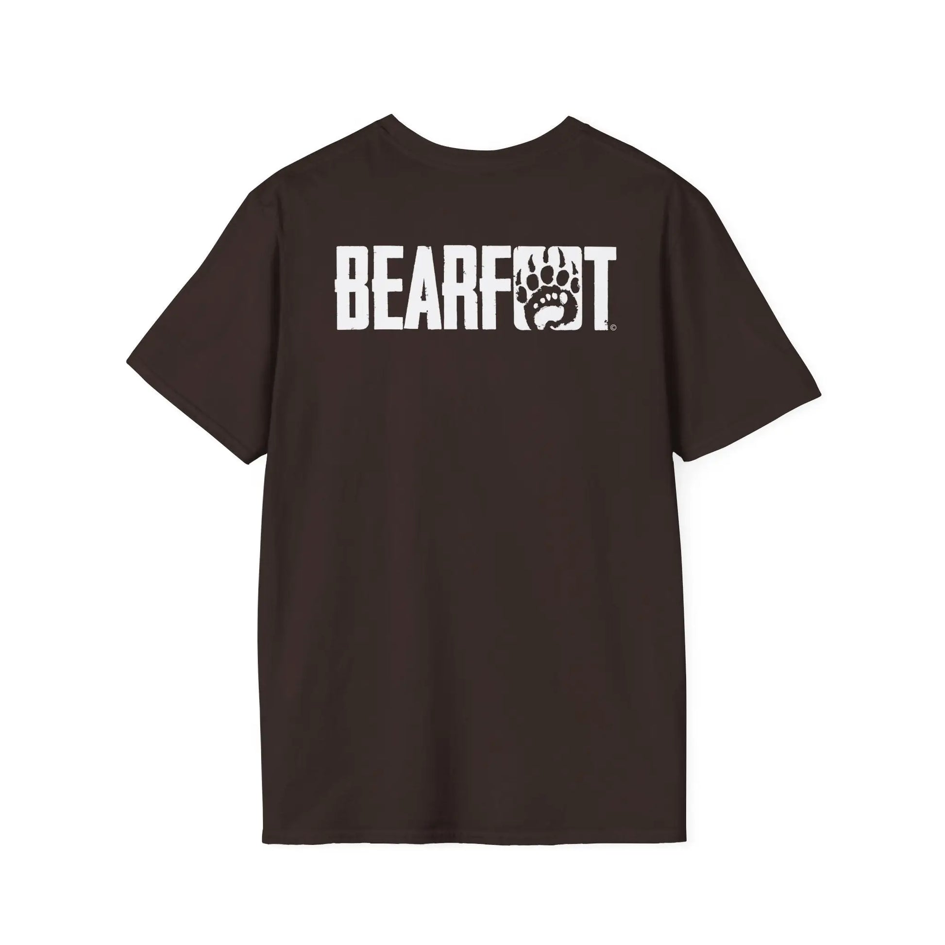 Basic t-shirt boasts dark brown short-sleeve with bold white bearfoot paw logo