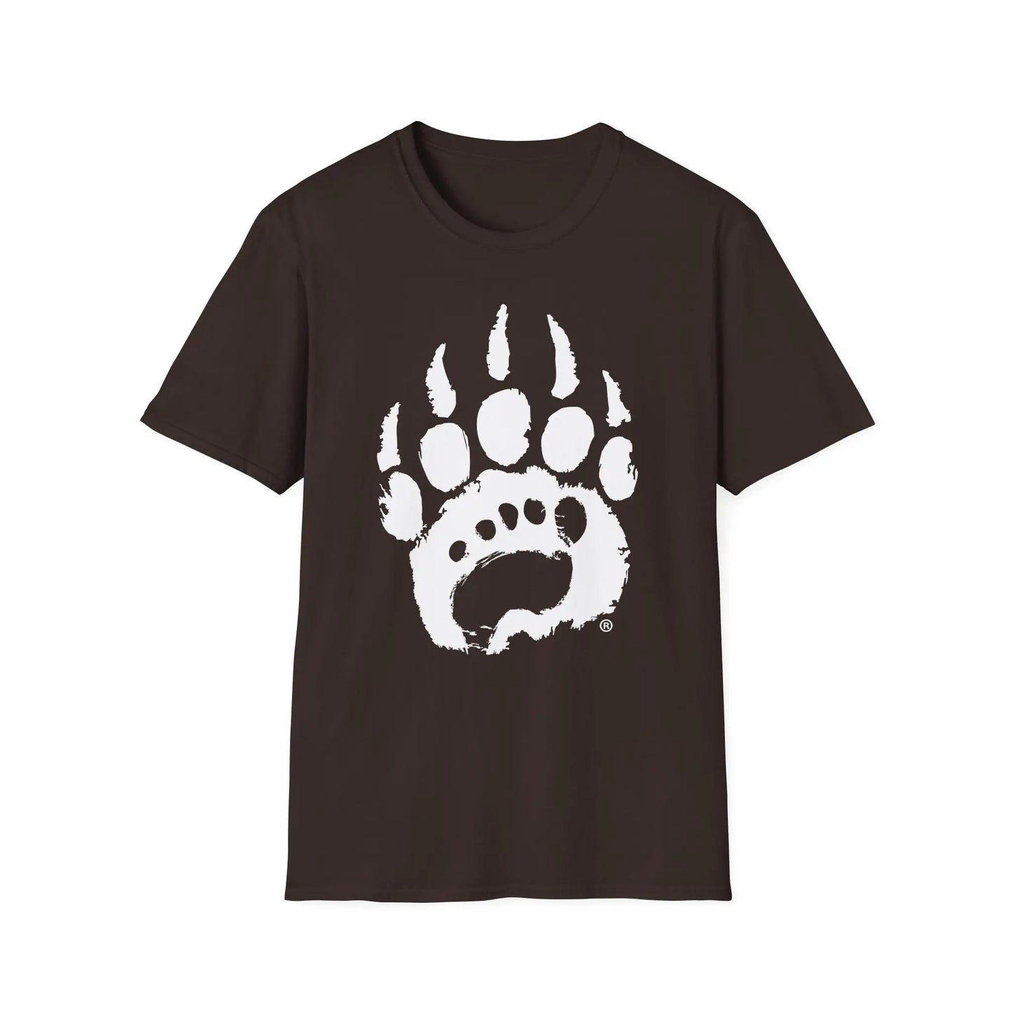 Basic t-shirt boasts dark brown short-sleeve with bold white bear paw