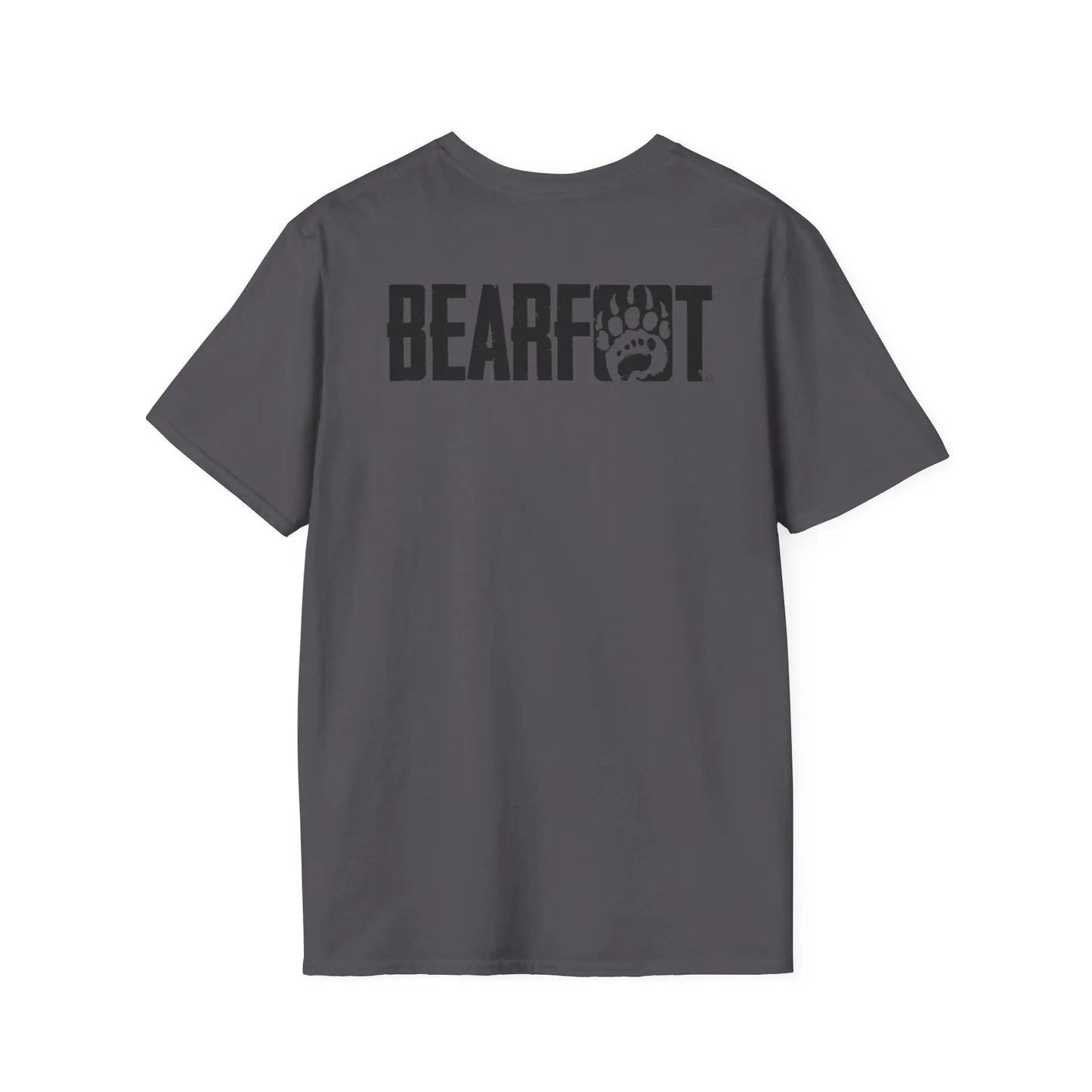 Back of basic t-shirt boasts dark gray fabric with black bearfoot paw print logo