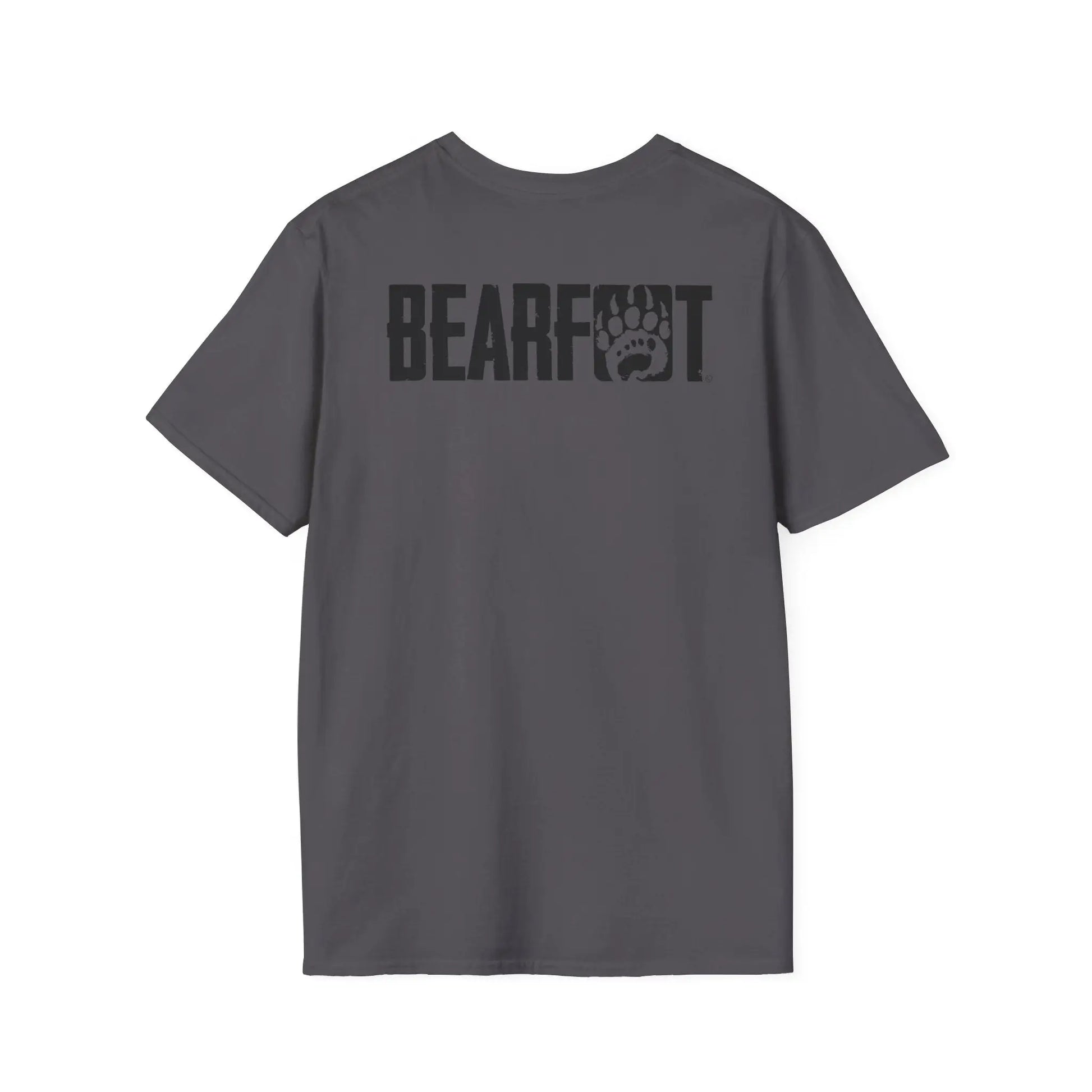 Back of basic t-shirt boasts dark gray fabric with black bearfoot paw print logo