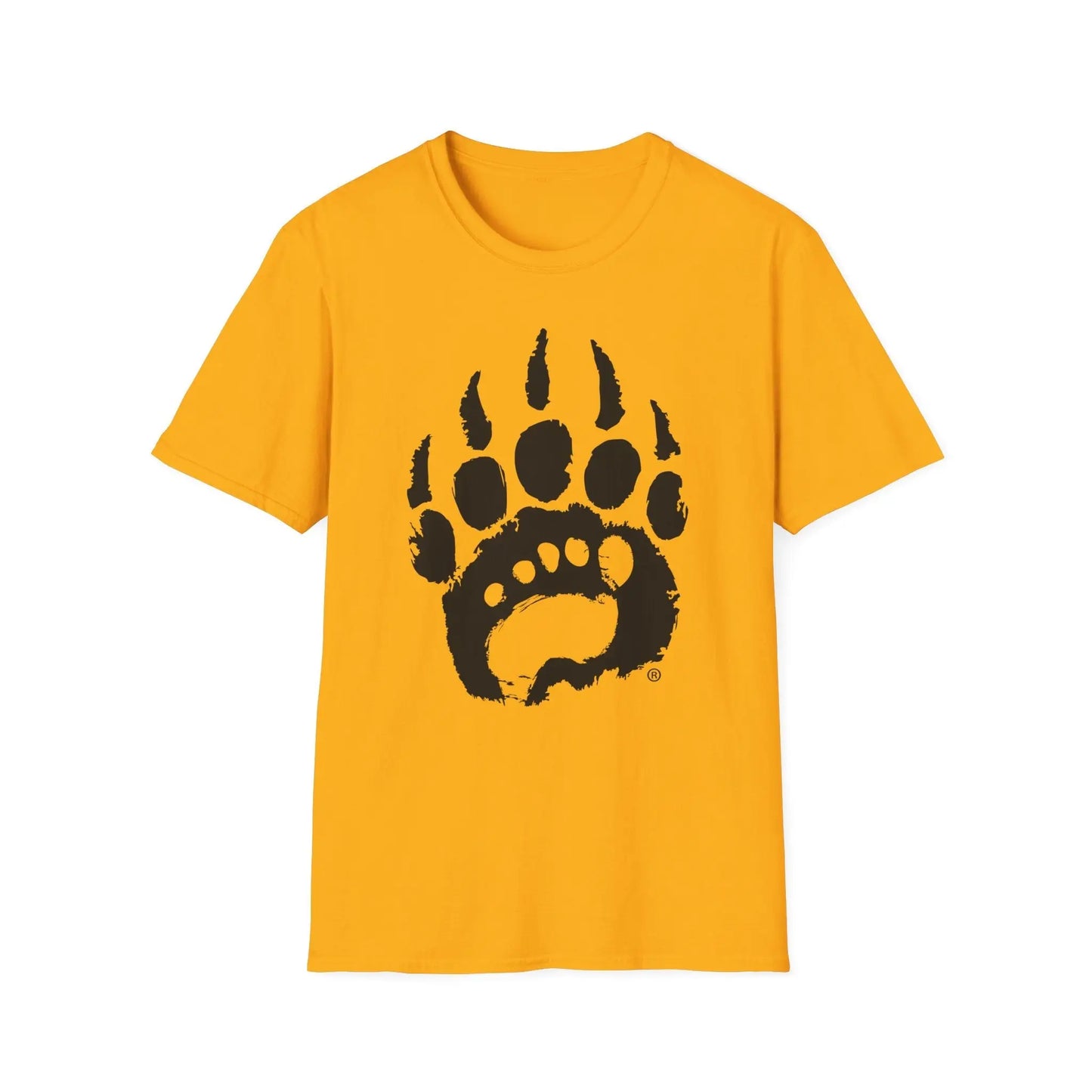 Yellow basic t-shirt with black bear paw print boasts relaxed fit