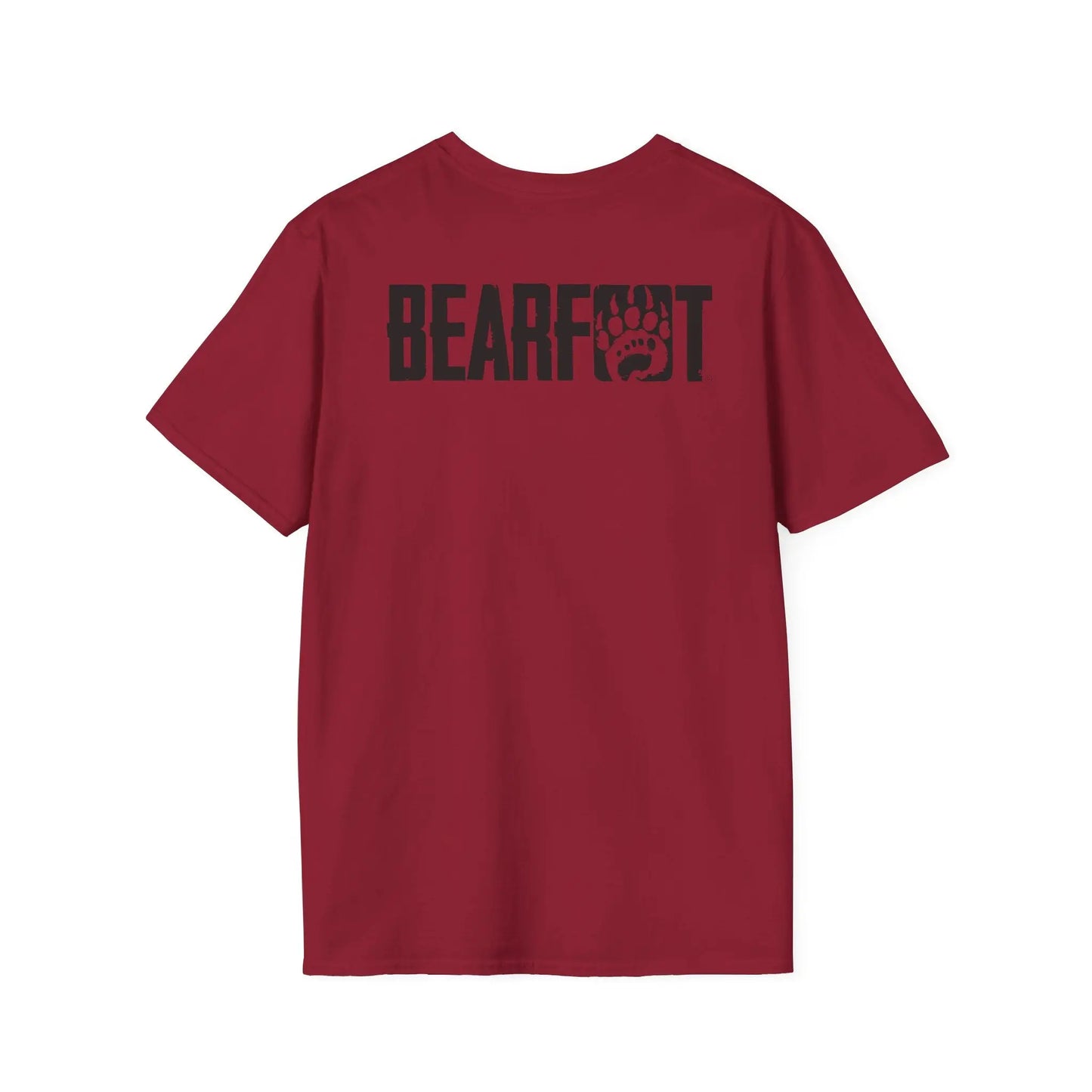 Back of basic t-shirt boasts maroon short-sleeve with black bearfoot text and paw print logo