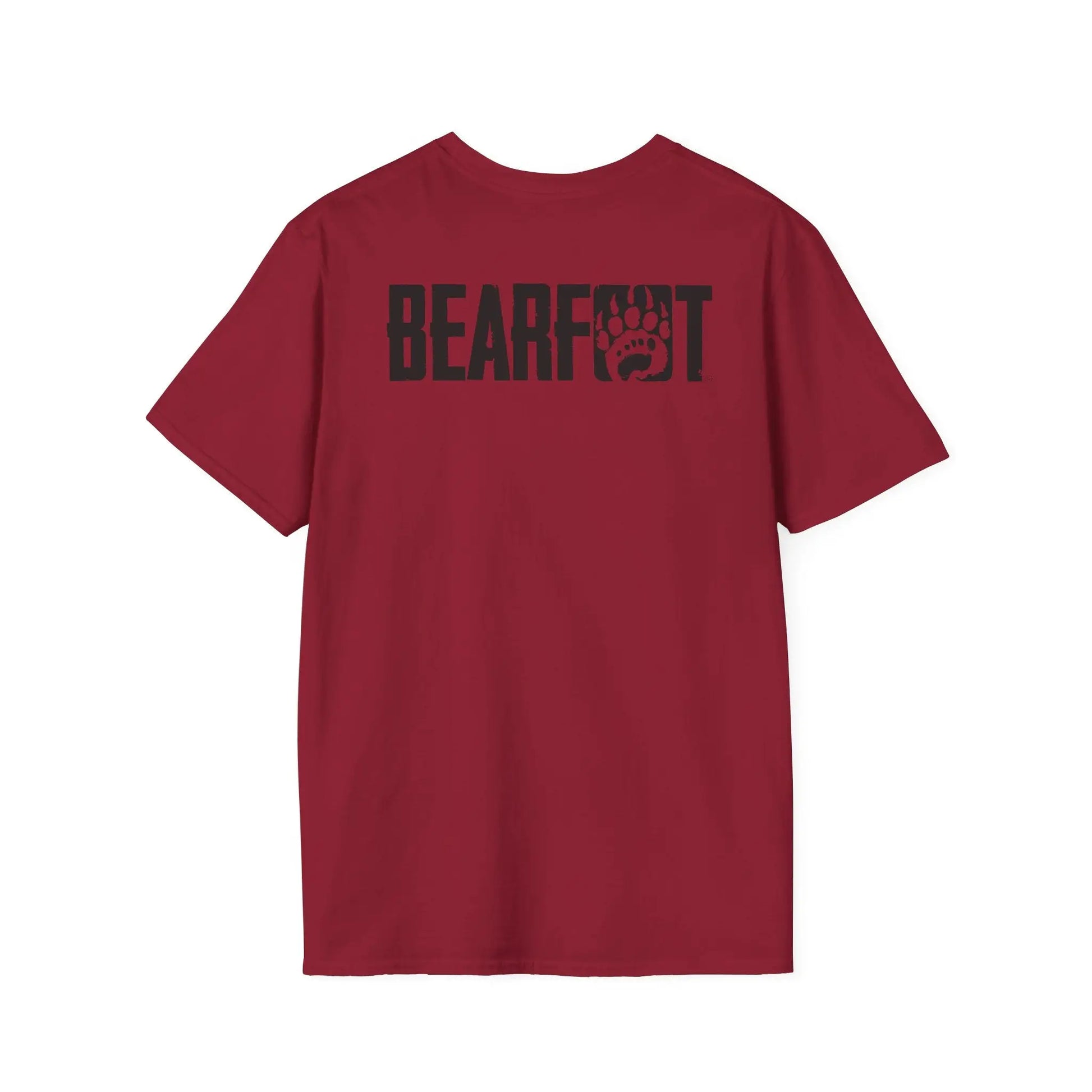 Back of basic t-shirt boasts maroon short-sleeve with black bearfoot text and paw print logo