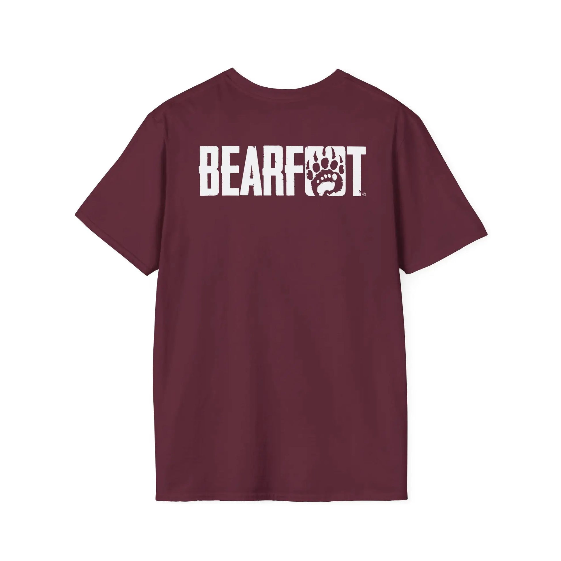 Back of basic t-shirt boasts maroon short-sleeved design with white bearfoot logo and paw print