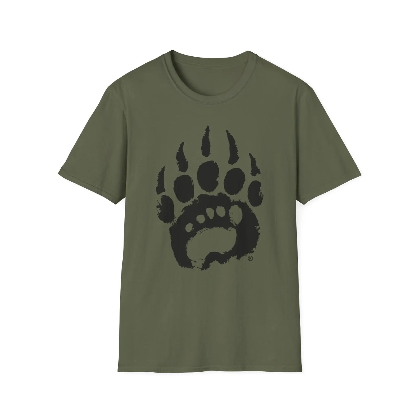 Olive green basic t-shirt boasts bold black bear paw print graphic