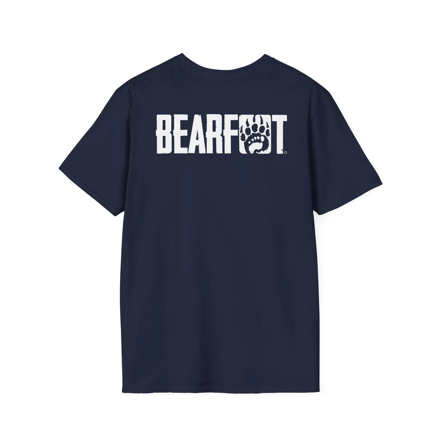 Basic t-shirt boasts navy blue short-sleeve with bold white bearfoot paw logo