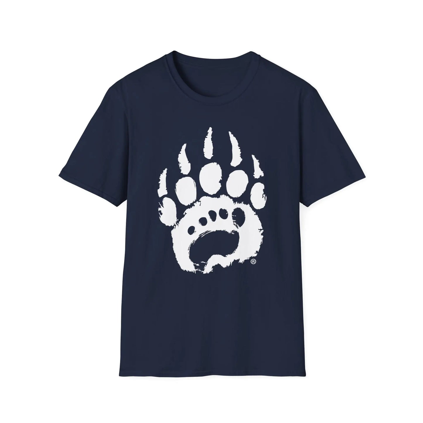 Navy blue basic t-shirt boasts bold white bear paw print graphic