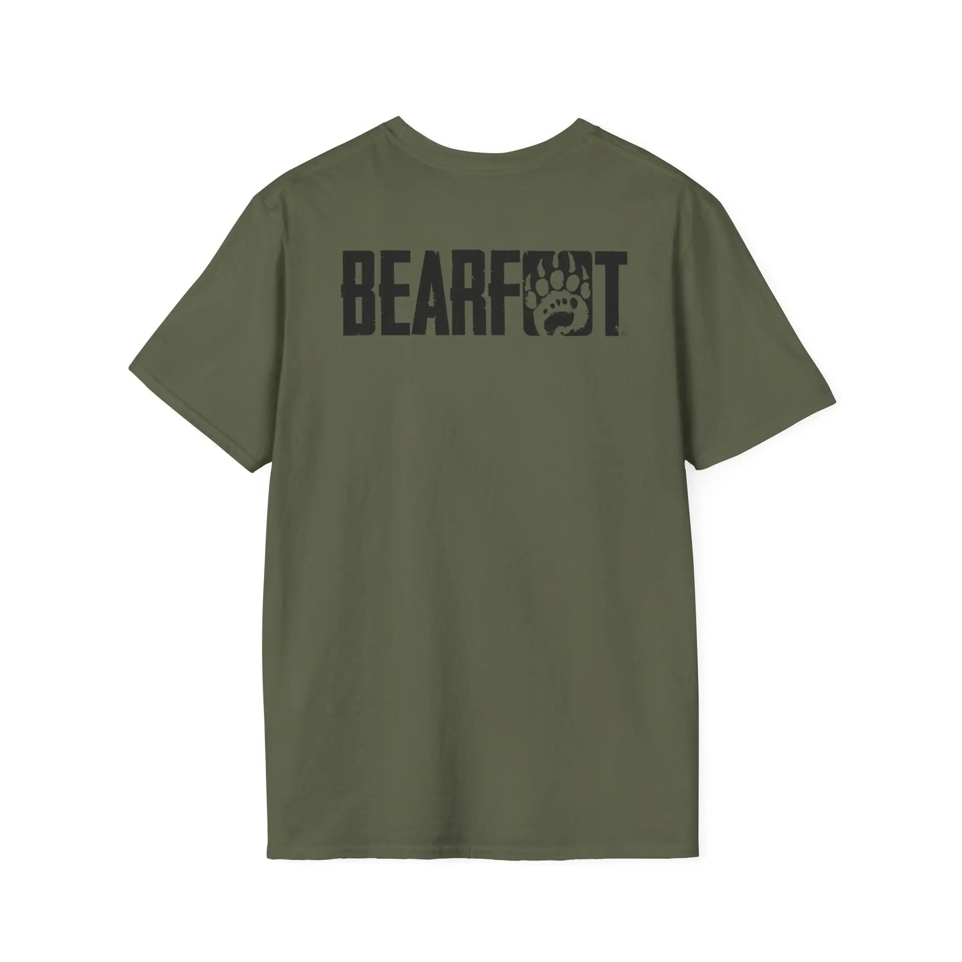Back of olive green basic t-shirt boasts black bearfoot logo with paw print