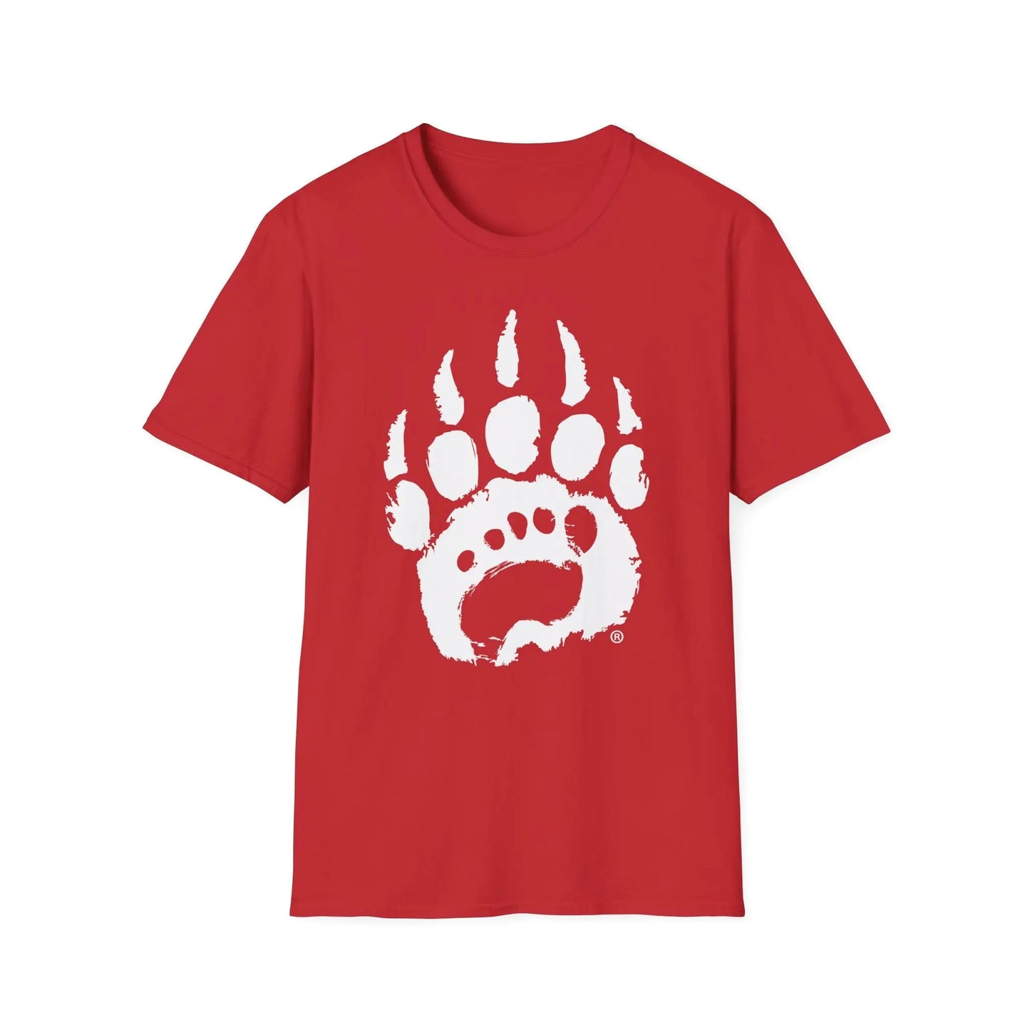 Red basic t-shirt with bold white bear paw print on chest