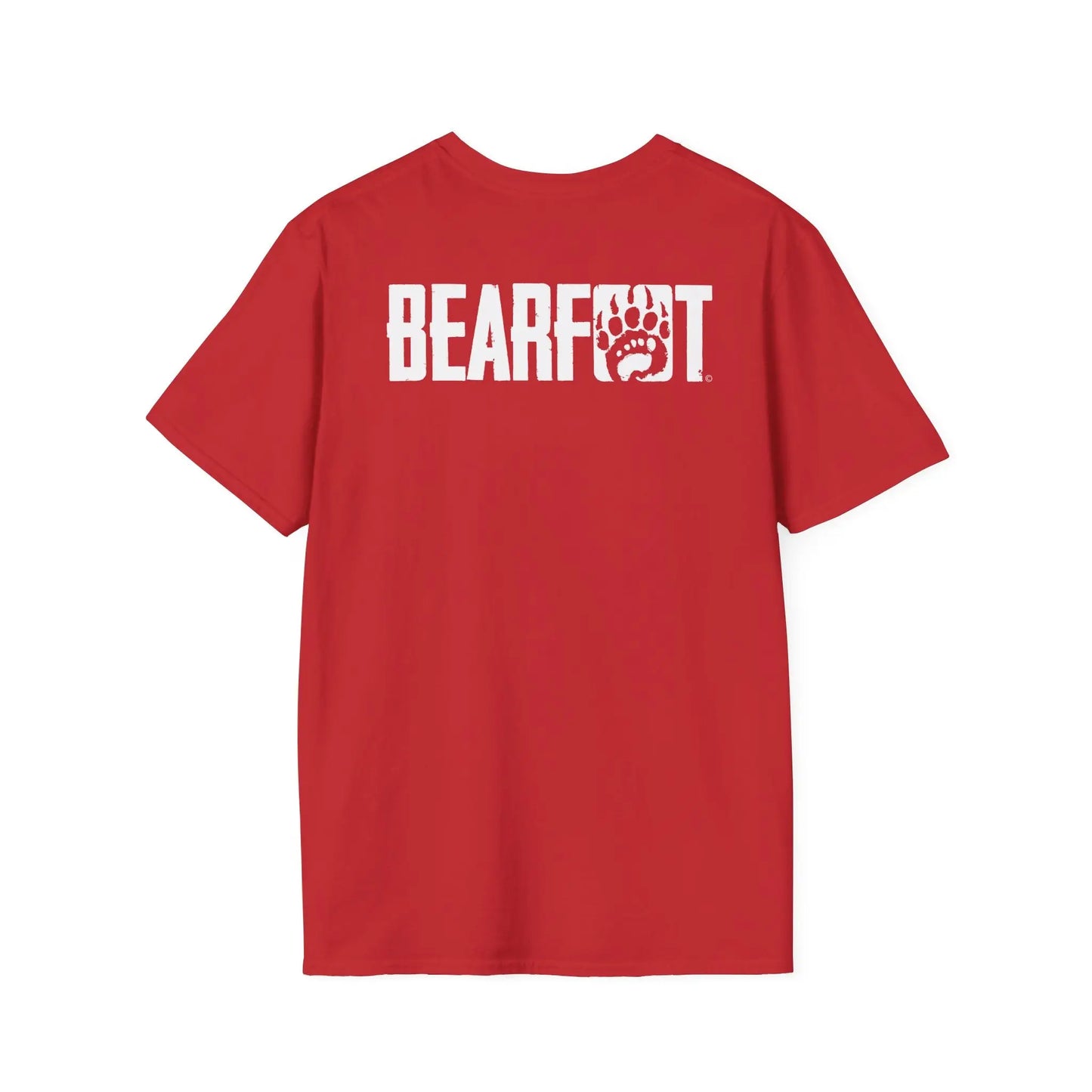 Back of red basic t-shirt with white bearfoot lettering and paw print logo