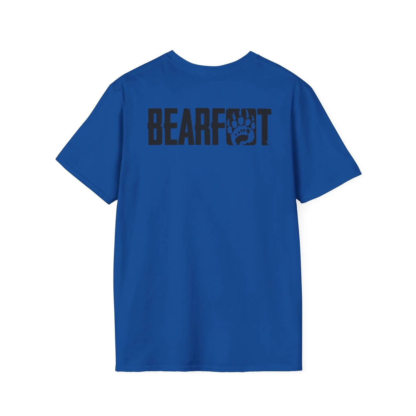 Back of royal blue basic t-shirt boasts black bearfoot logo with paw print