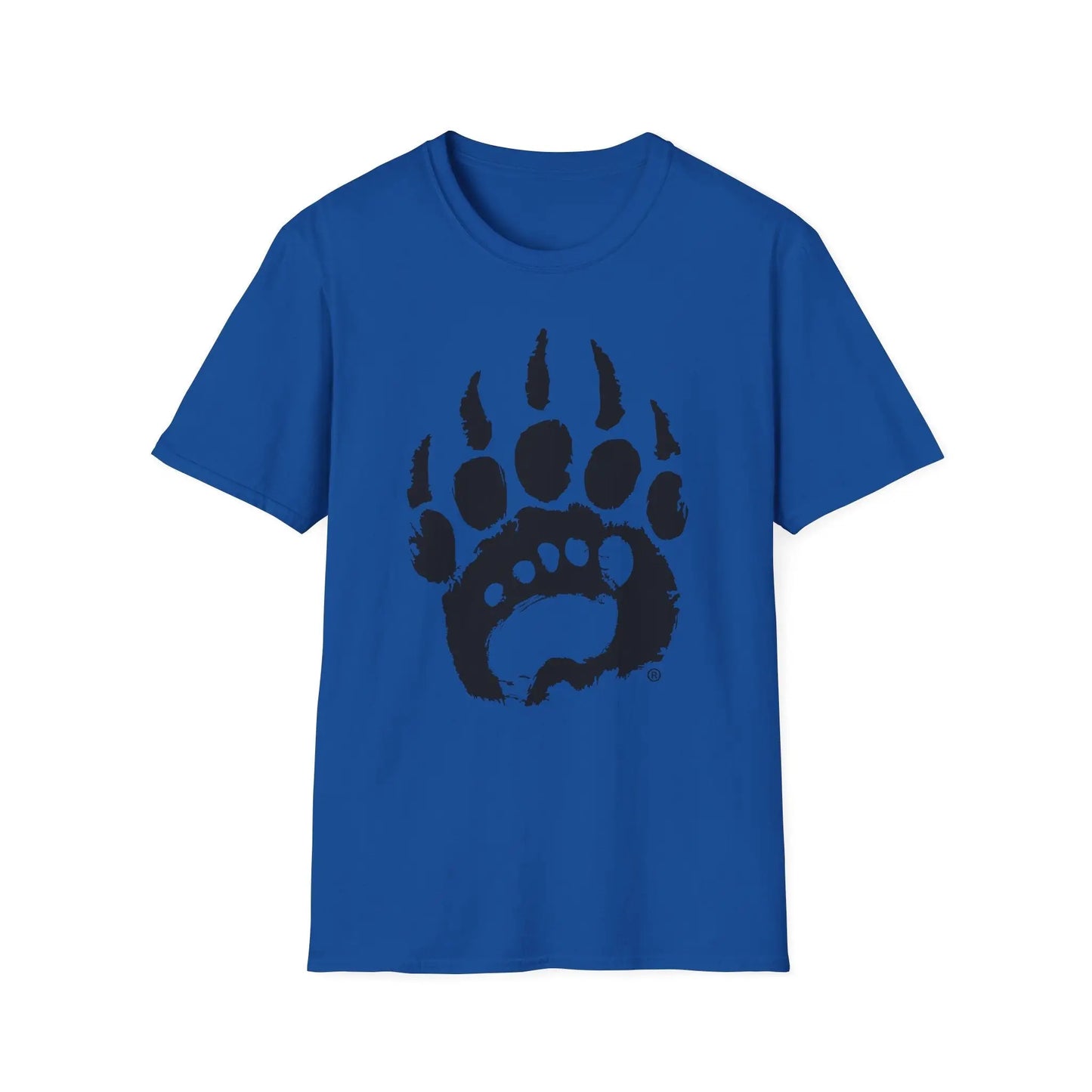 Basic t-shirt boasts royal blue short-sleeve with bold black bear paw print