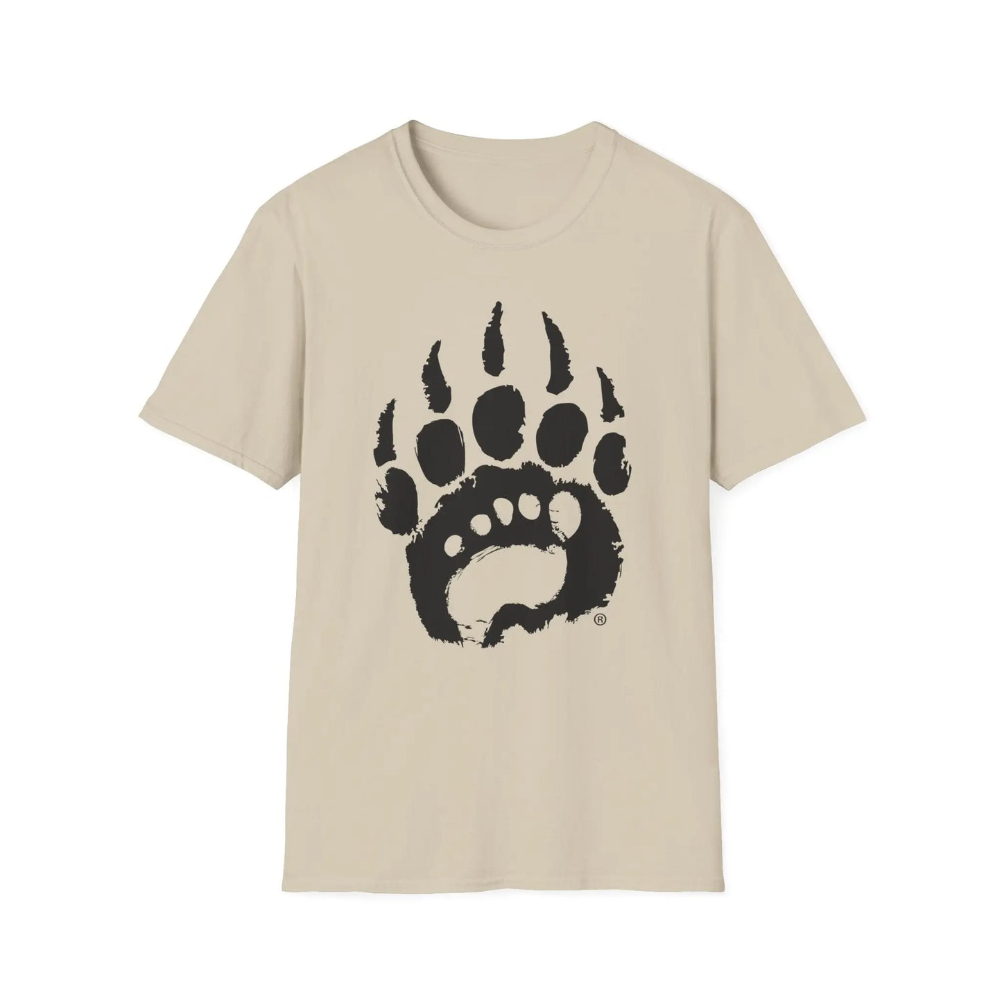 Basic t-shirt boasts beige short-sleeved relaxed fit tee with bold black bear paw print