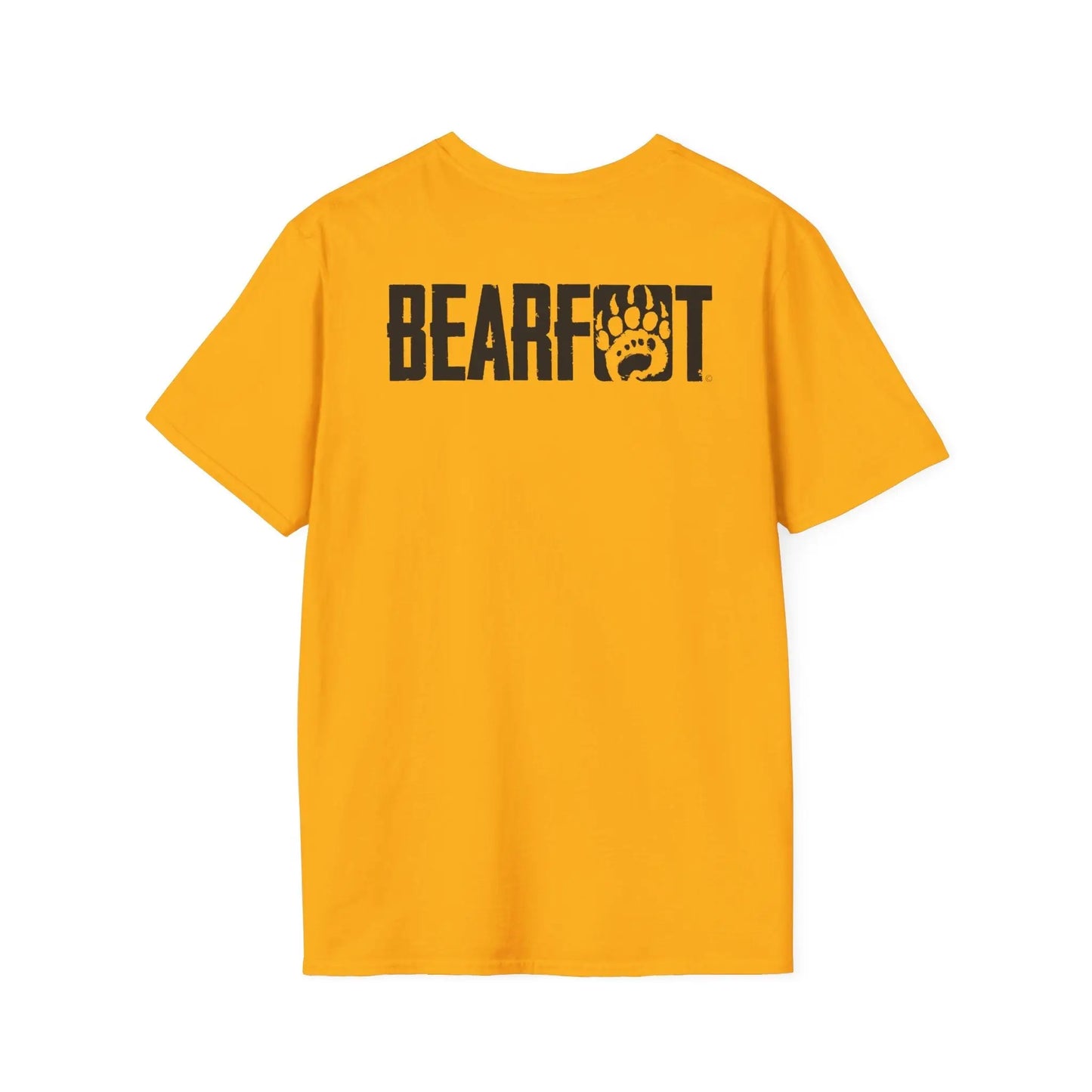 Back of basic t-shirt boasts vibrant yellow fabric with bold black bearfoot paw print logo
