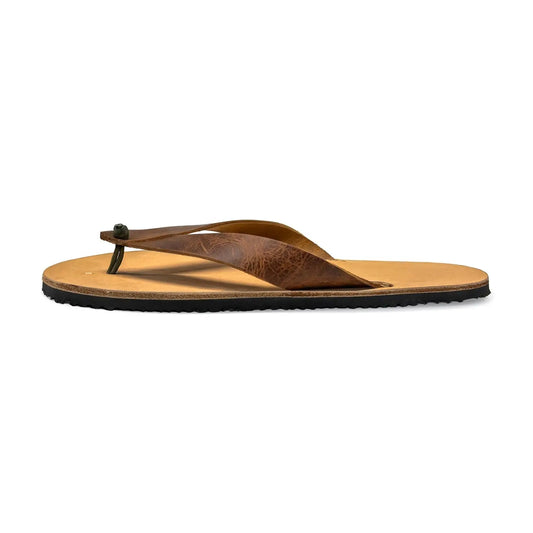 Brown leather bear-flops cognac flip-flop with bison leather, tan zero-drop sole, and black textured edge