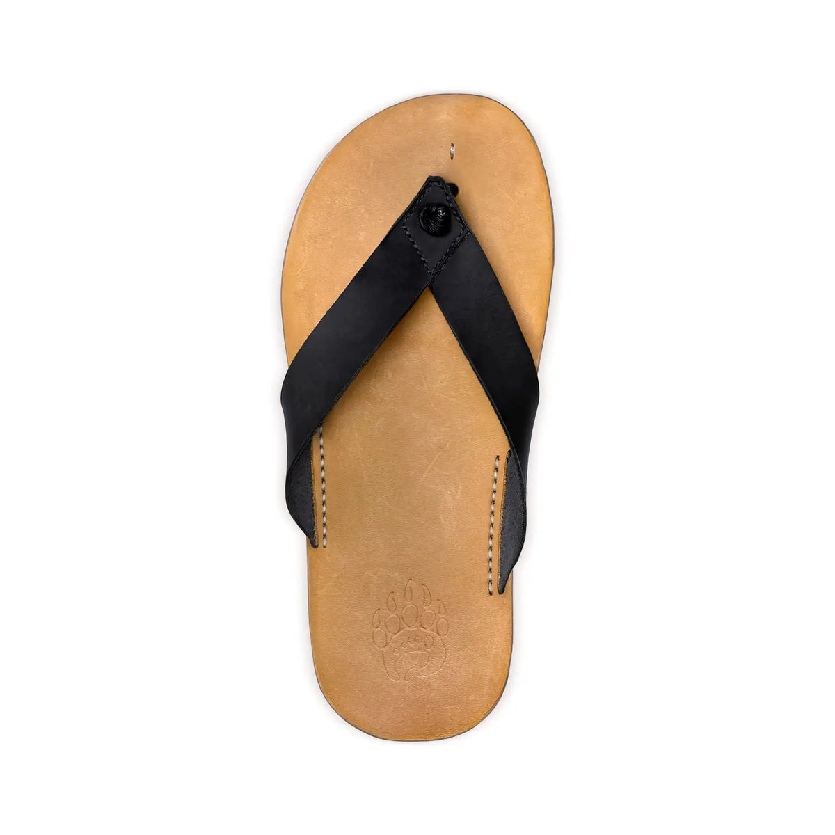 Black leather bear-flops dark horse flip-flop with tan rubber sole and black button closure made from crazy horse leather