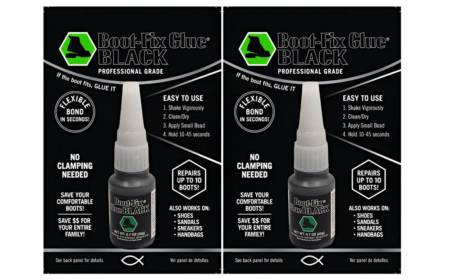 Black Boot-Fix shoe-fix glue bottle with white nozzle, green logo, Amazon listing