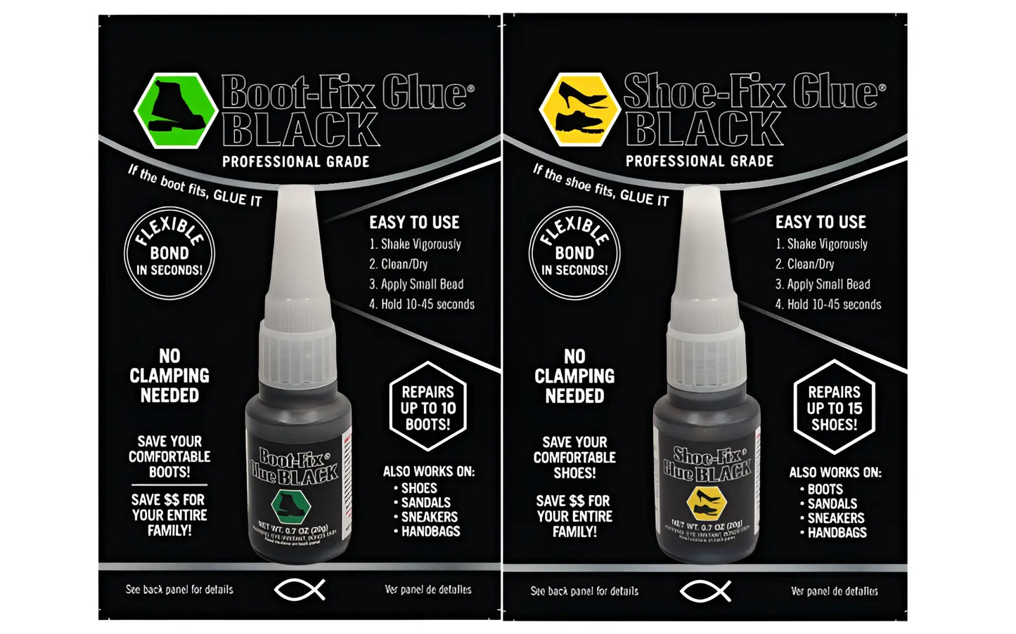 Boot-Fix & Shoe-Fix Glue 2-pack shoe glue bottles for Amazon listing