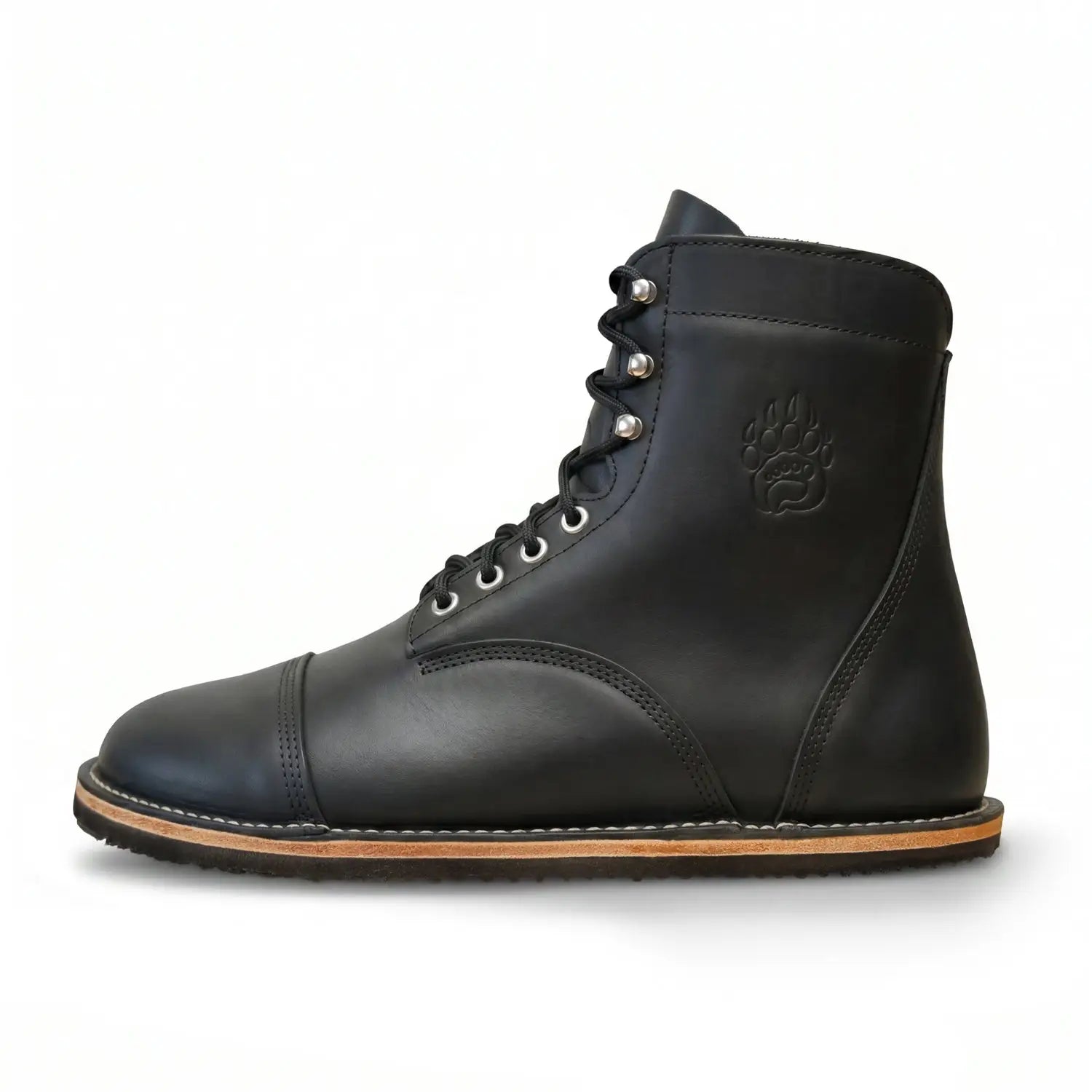 Bruyn-patriot dark horse black leather work boot with silver eyelets embossed paw print and zero-drop sole