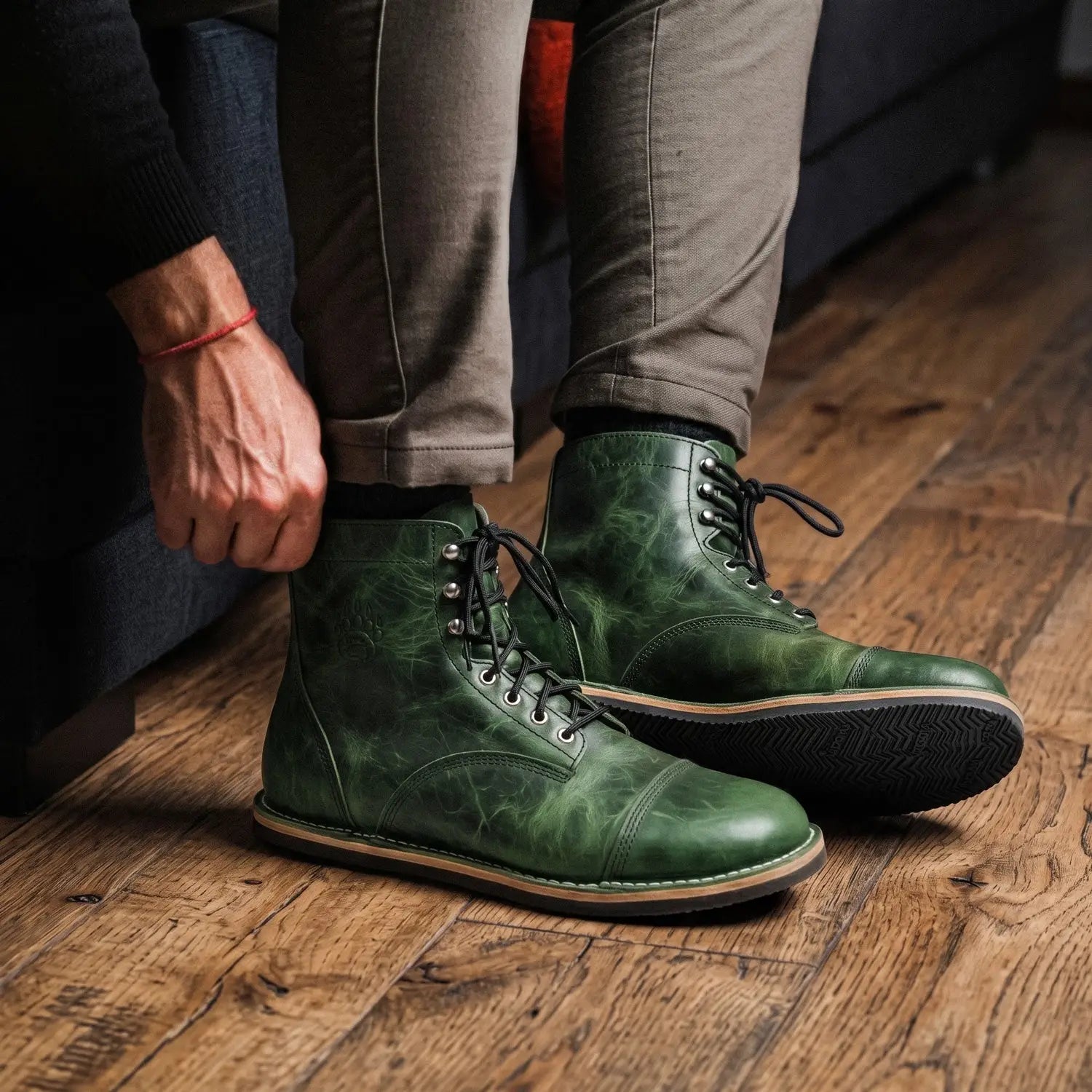 Bruin-patriot raptor green rugged barefoot boot in dark green bison leather with black laces and zero-drop sole