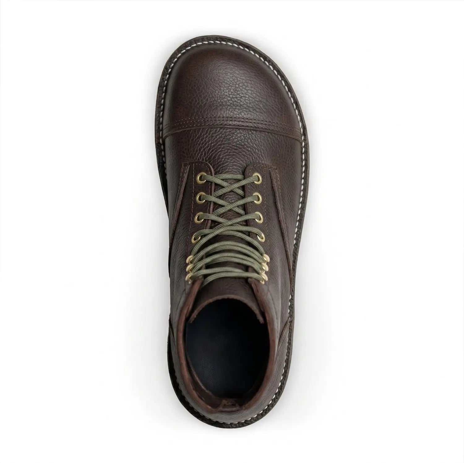 Brown leather lace-up rugged barefoot boot with olive green laces and gold eyelets made from bison leather for natural foot alignment