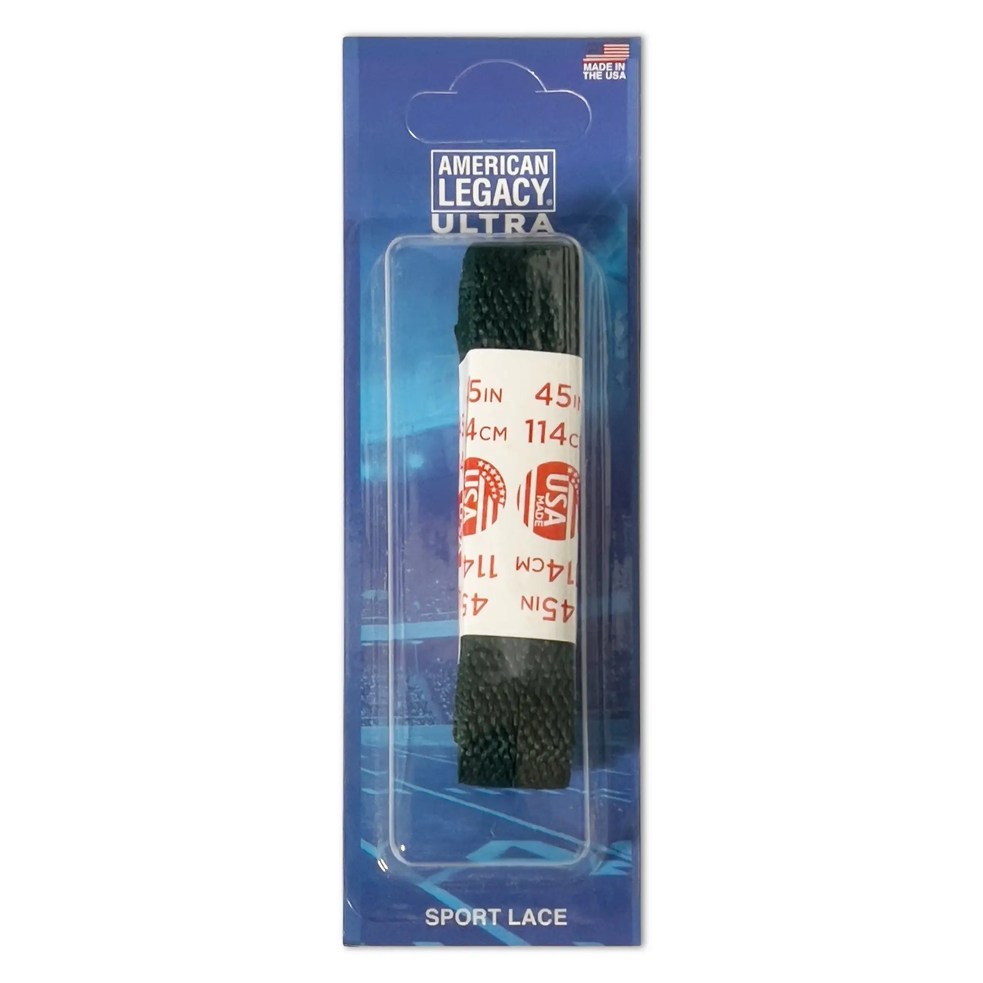 American Legacy Ultra black sport laces with red white text on classic cotton colored packaging