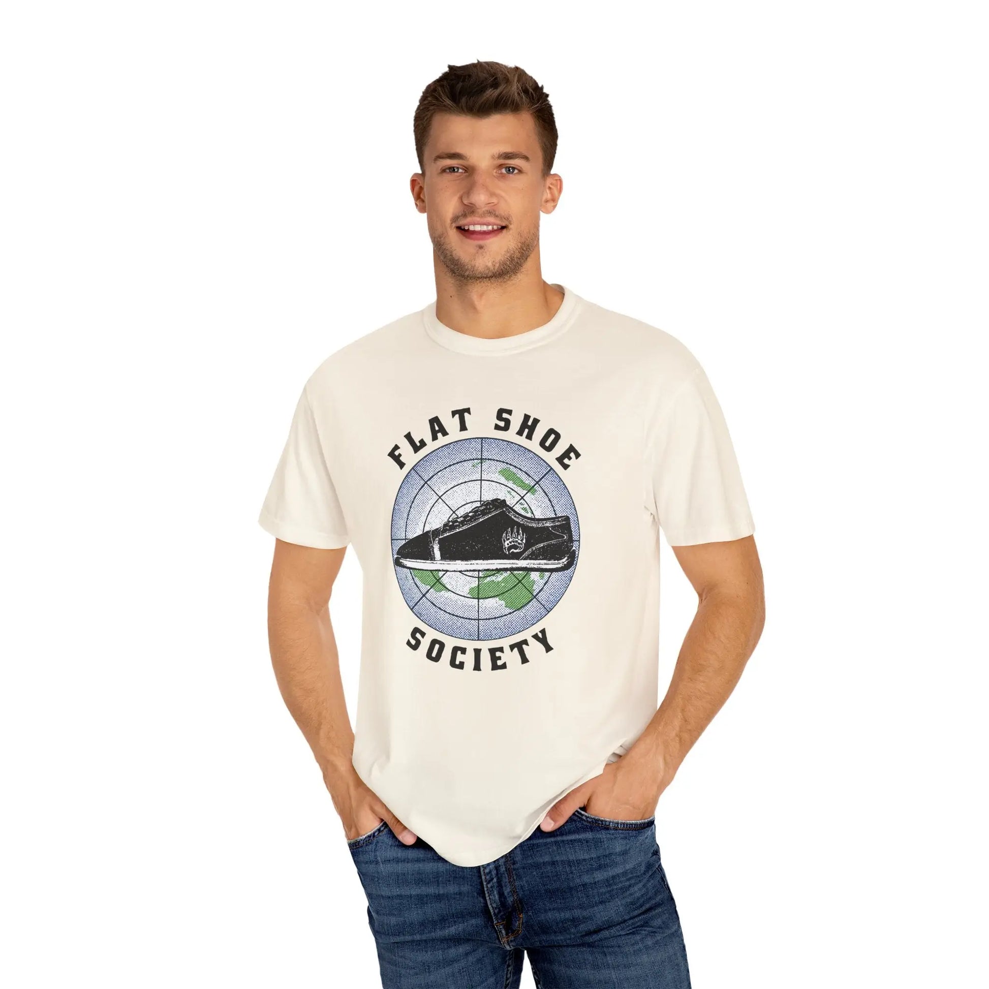 Flat Shoe Society cream graphic tee with black shoe target design