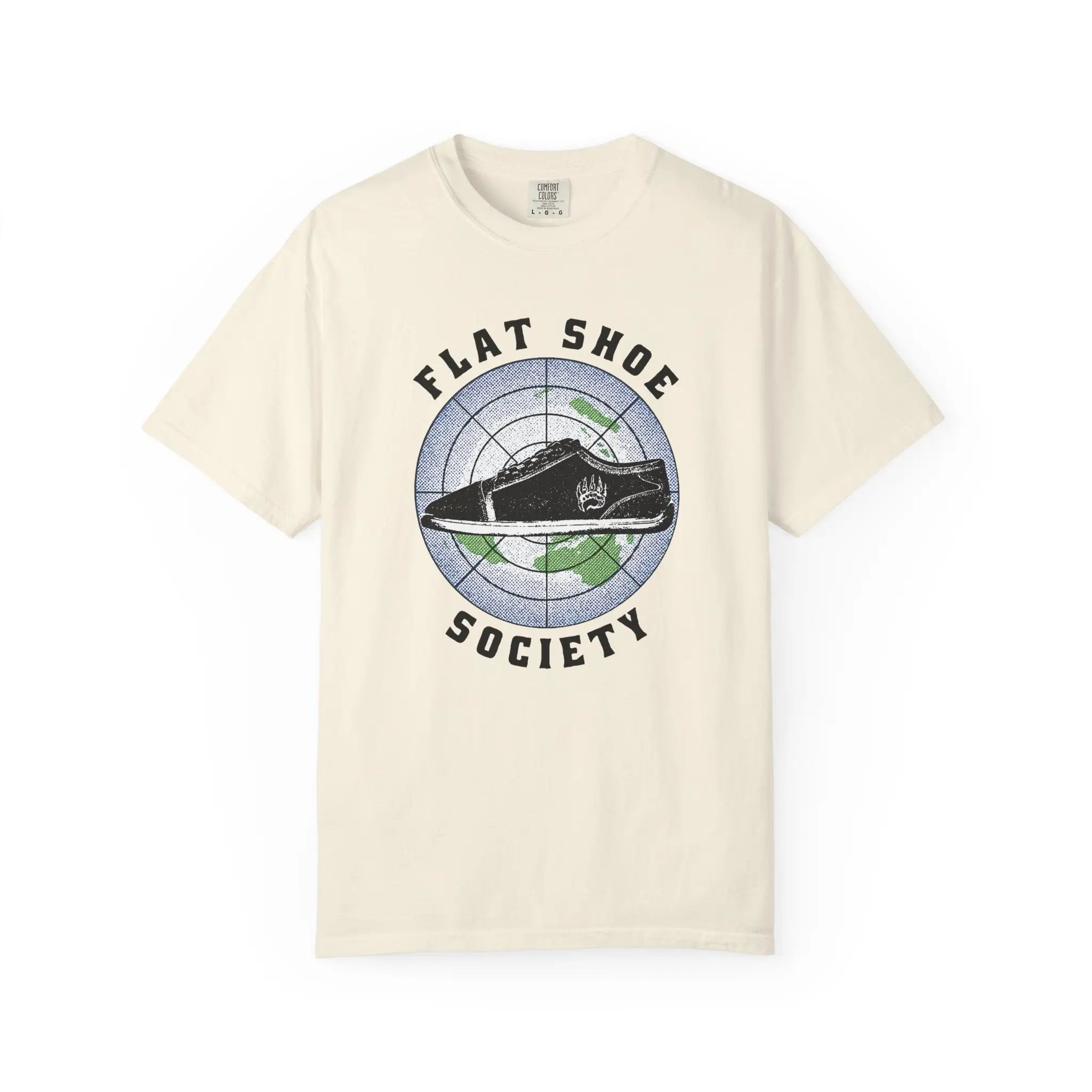 Cream-colored Flat Shoe Society T-Shirt with globe shoe graphic