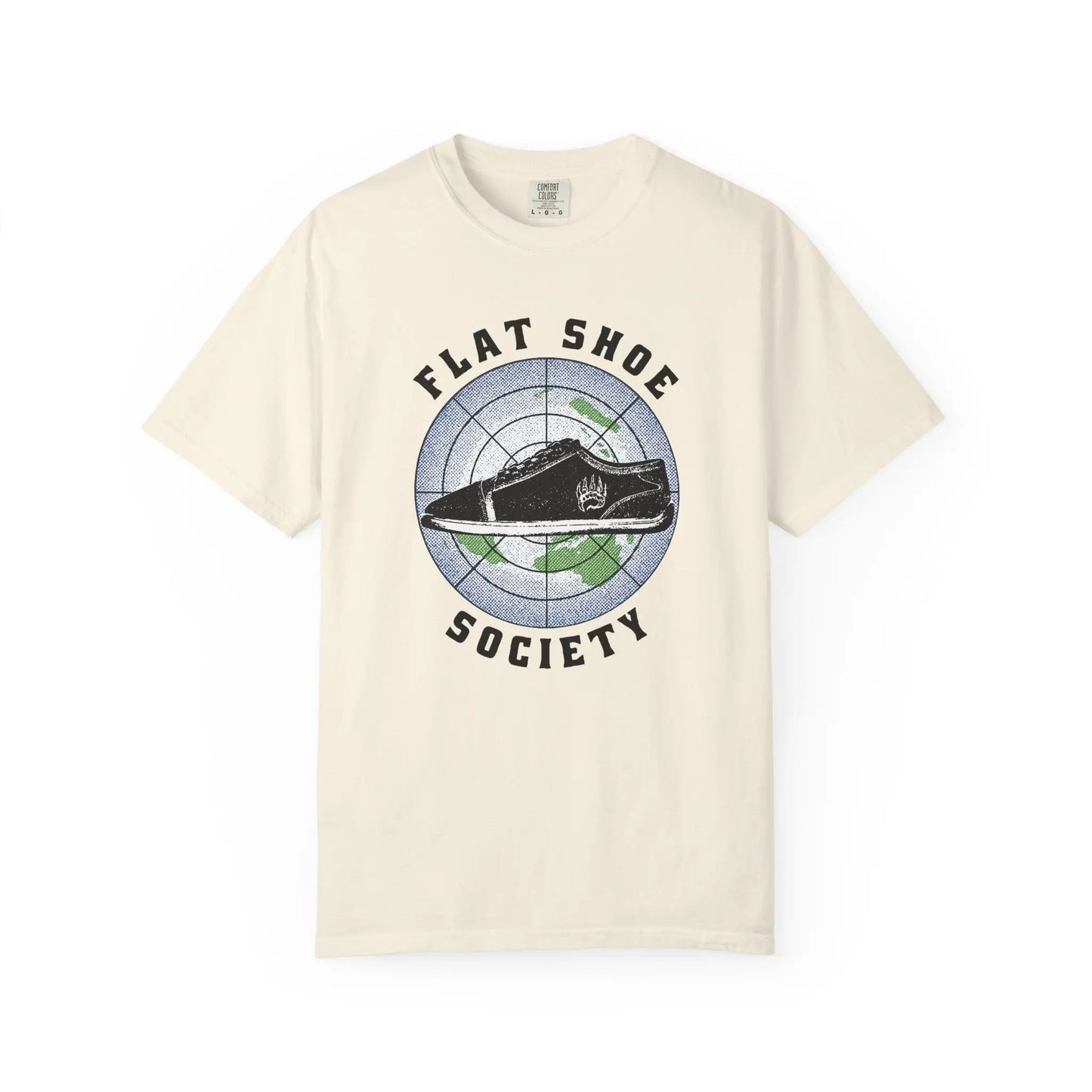 Cream-colored Flat Shoe Society T-Shirt with globe shoe graphic