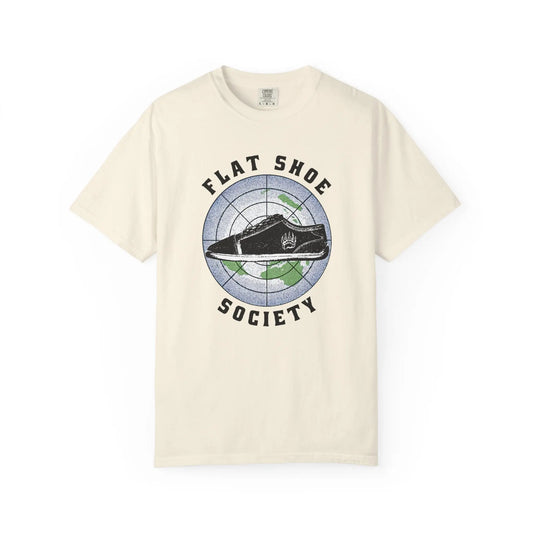 Cream-colored Flat Shoe Society T-Shirt with globe shoe graphic