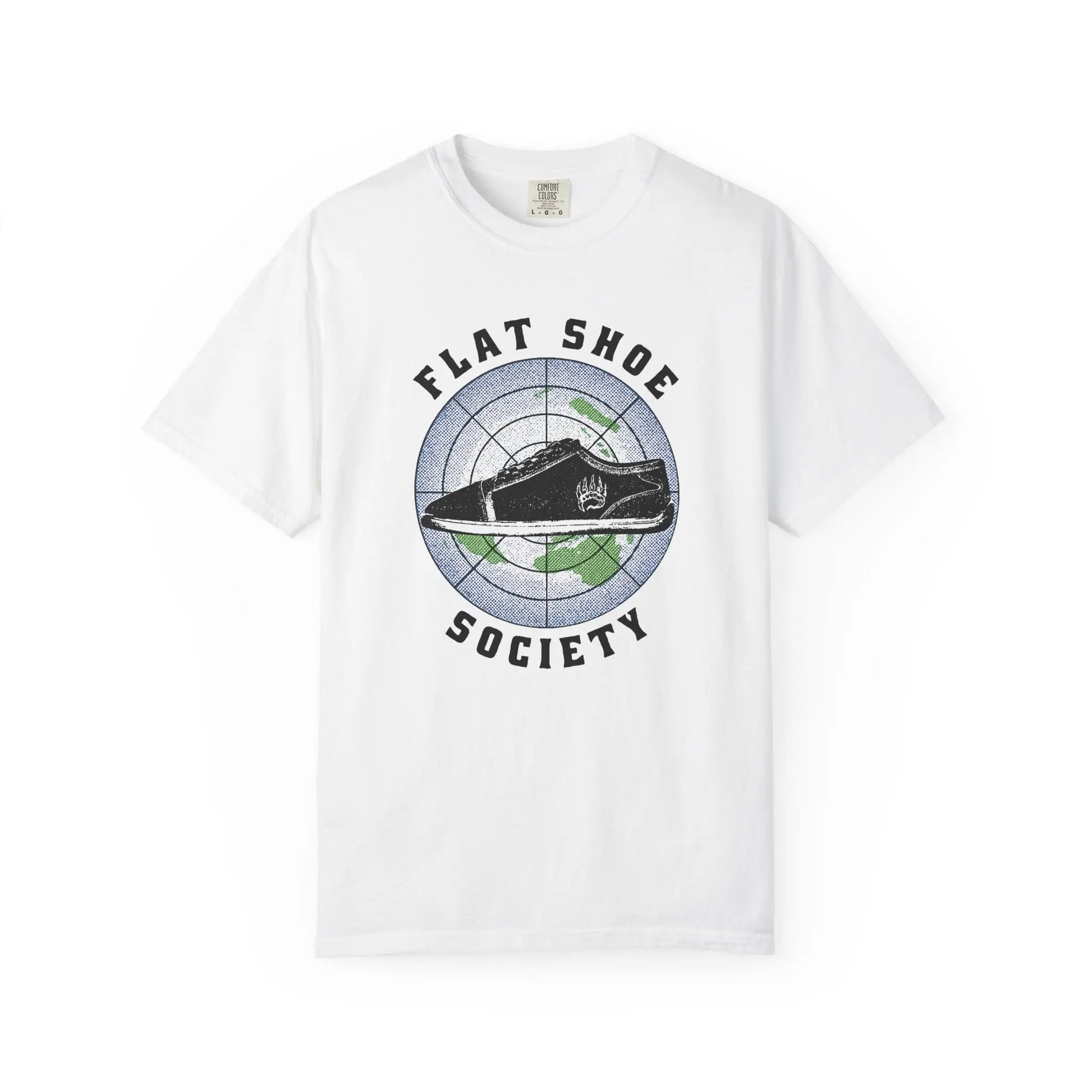 Flat Shoe Society T-Shirt with white fabric and shoe graphic