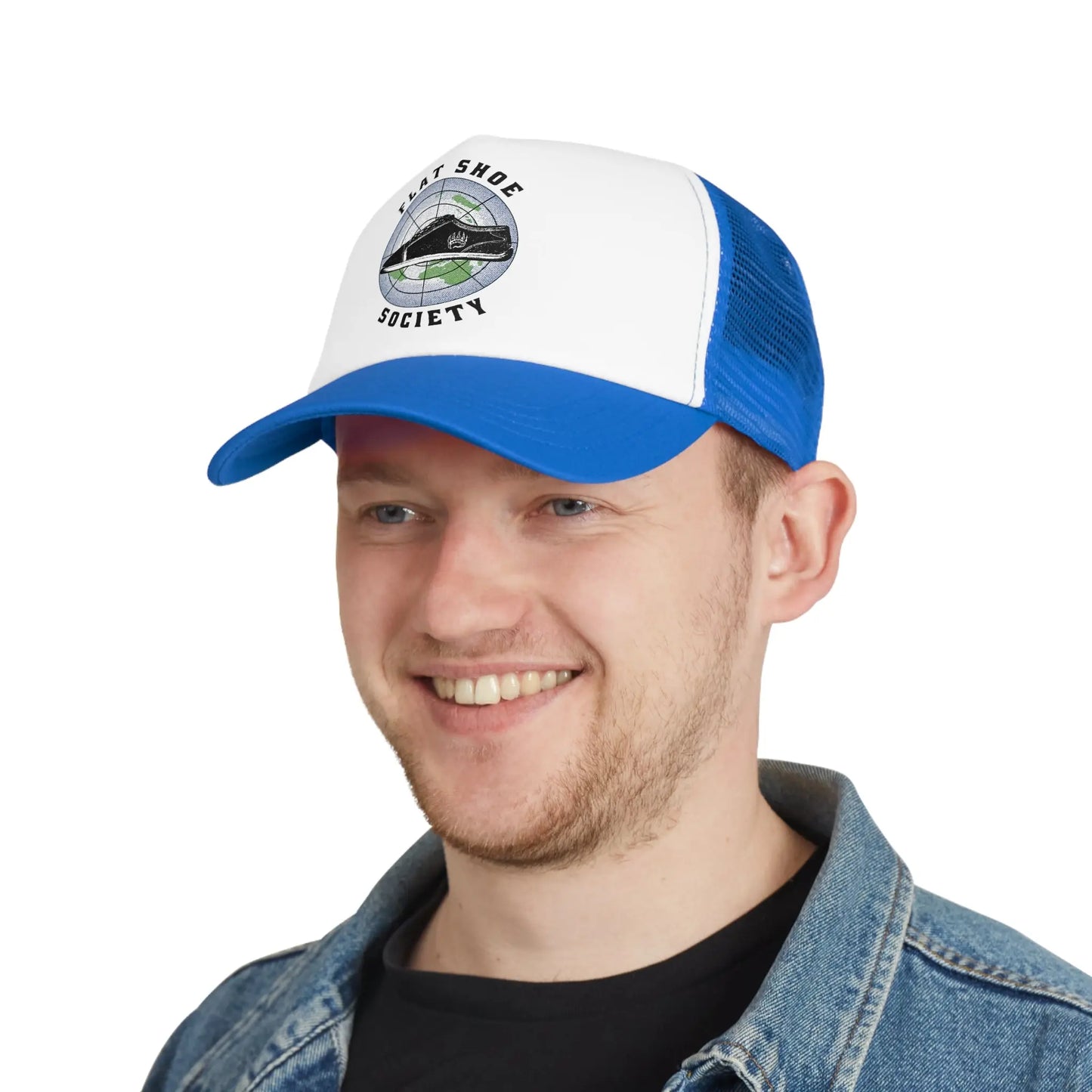 Royal blue and white Flat Shoe Society trucker hat with train logo