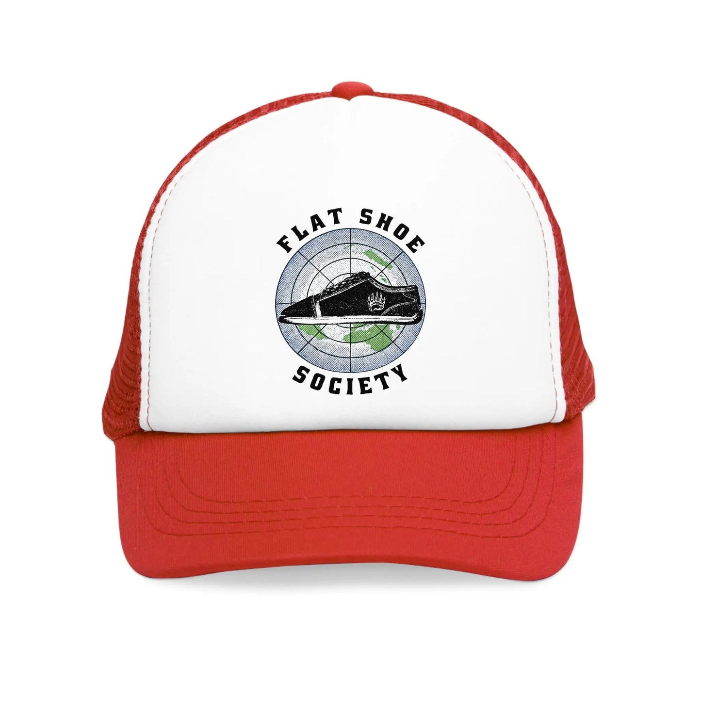 Red mesh trucker cap with vibrant color Flat Shoe Society logo