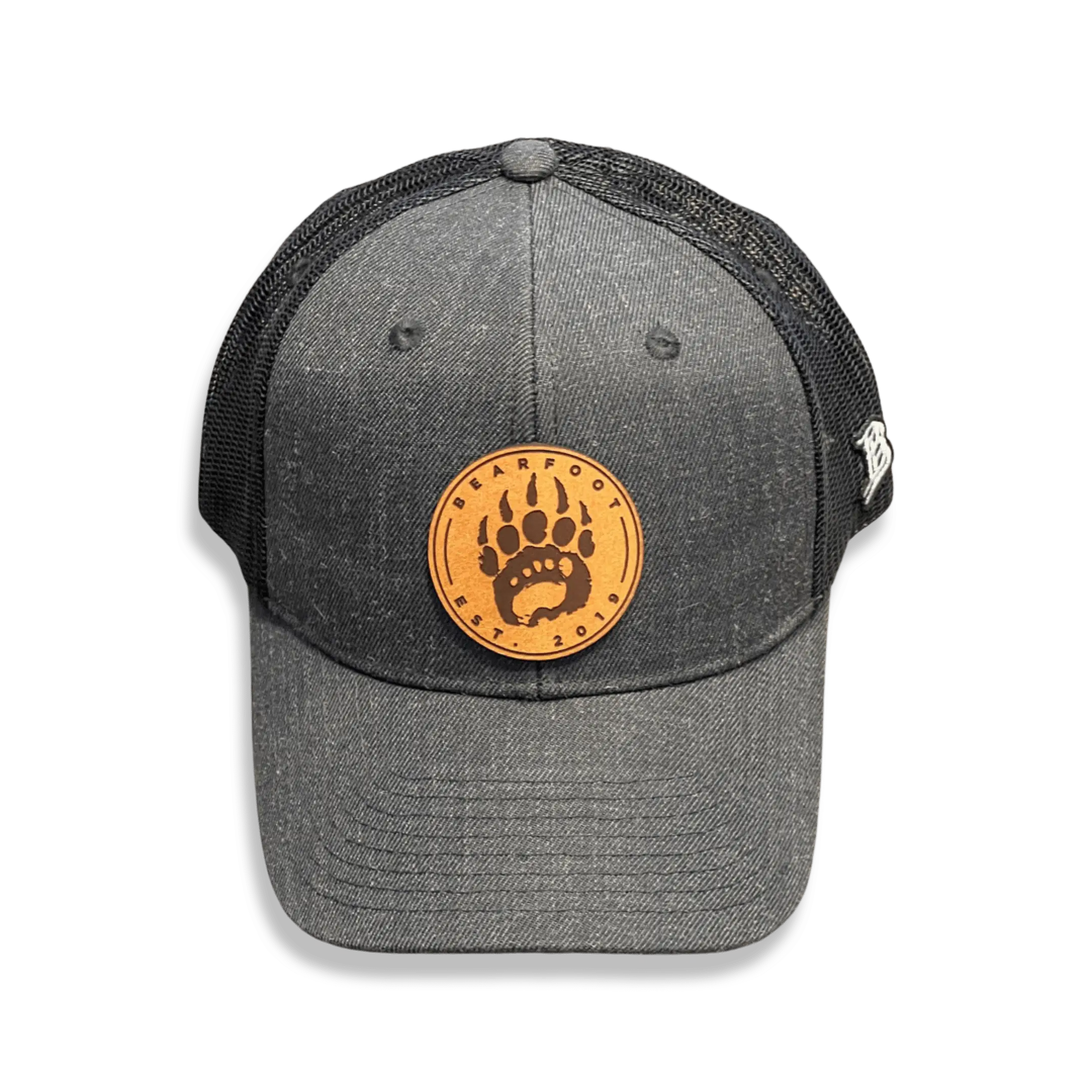 Charcoal gray leather patch trucker hat with bear paw print