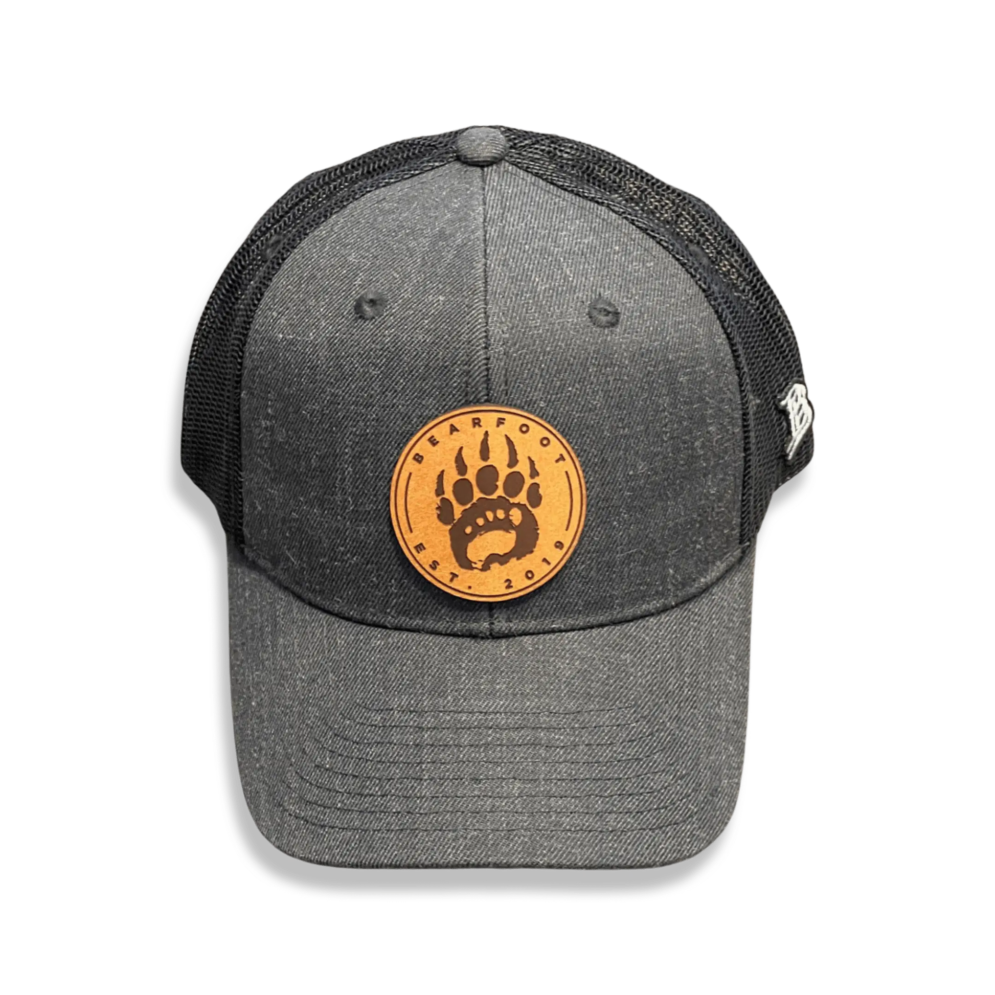 Charcoal gray leather patch trucker hat with bear paw print