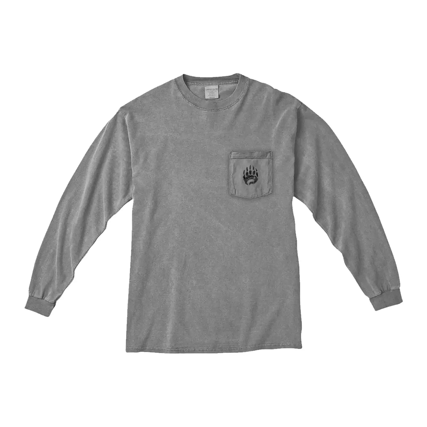Premium long-sleeve tee in gray pigment dye colors with bear paw pocket