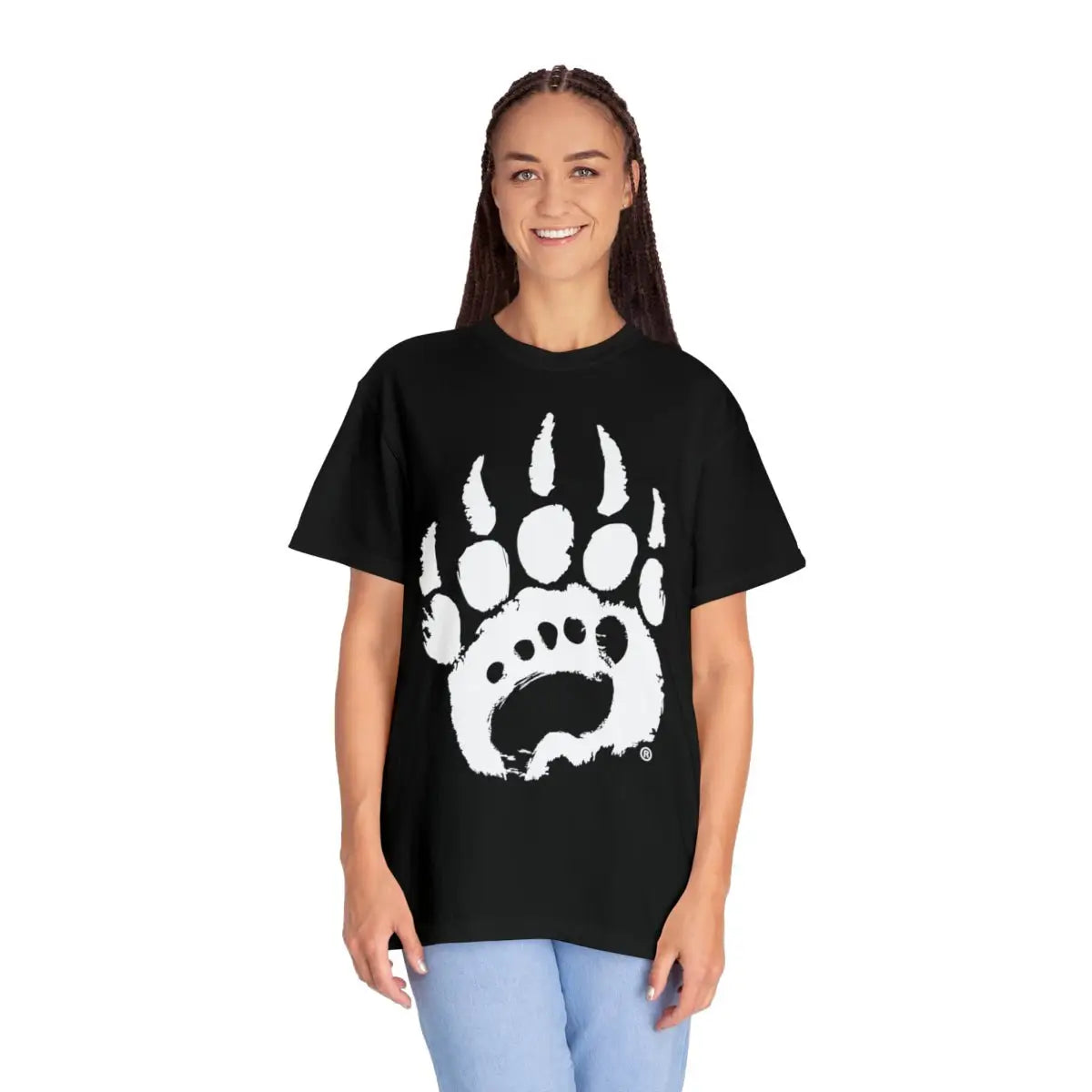 Premium black T-shirt with white bear paw print in soft ring-spun cotton