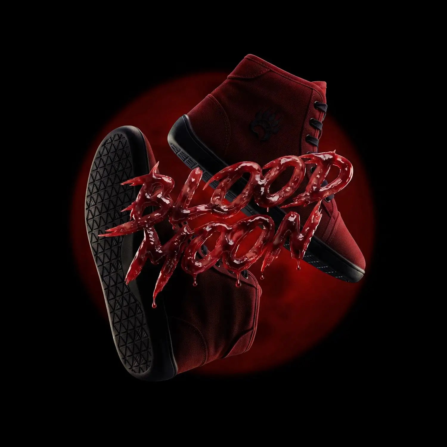 Red high-top sneakers with black laces and soles, featuring a textured rubber outsole.