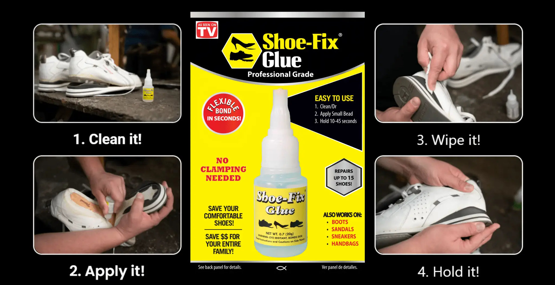 Shoe-Fix Glue bottle with yellow cap and white label for pros
