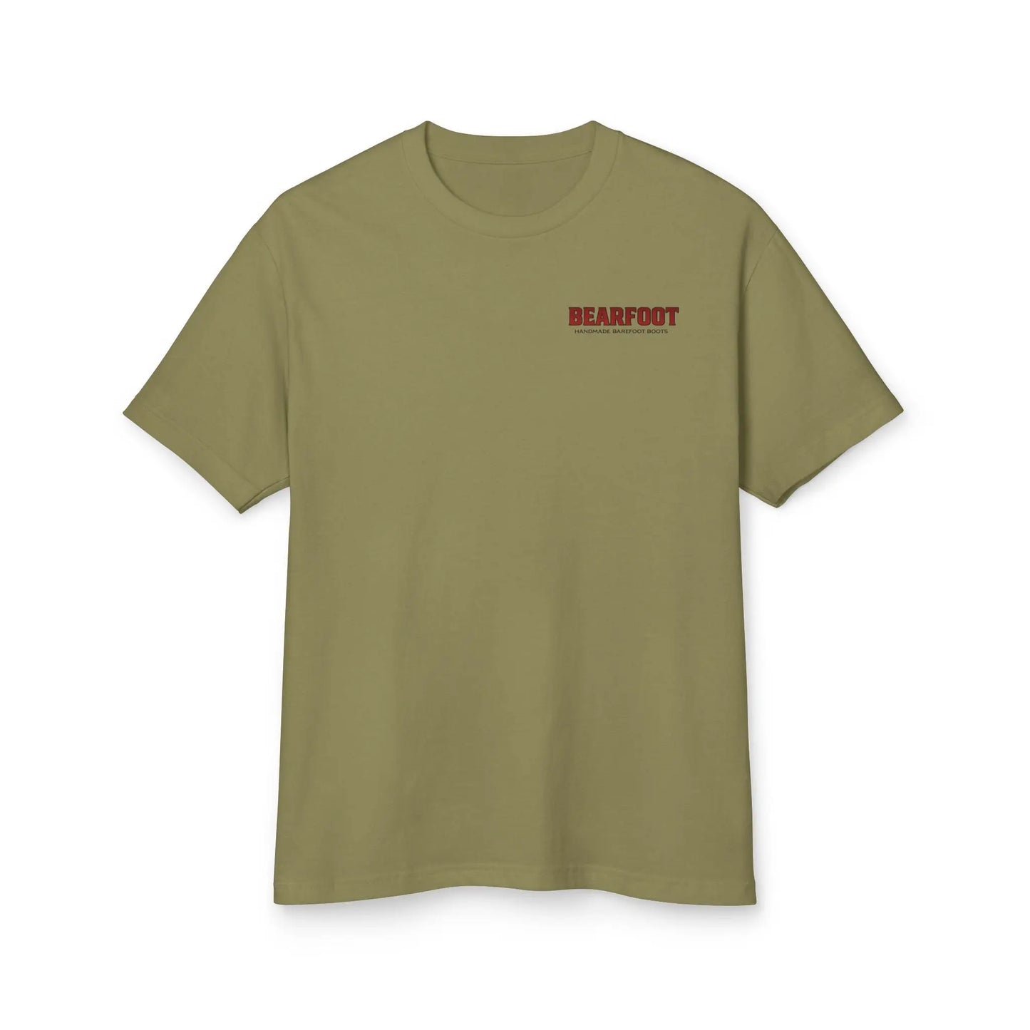 Stand Your Ground olive green t-shirt with red bearfoot barefoot shoes graphic