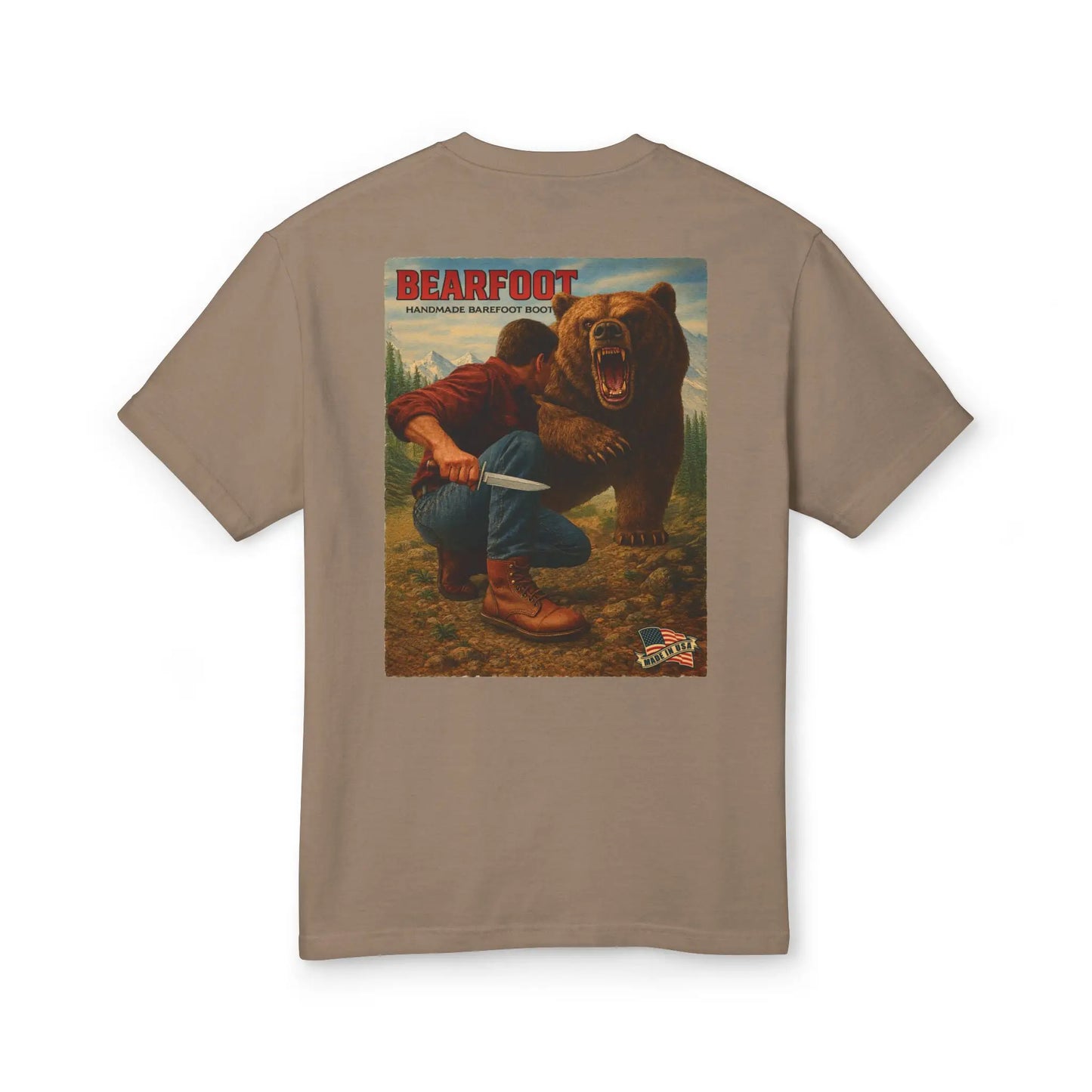Stand Your Ground graphic tee with man and bear design, cotton blend