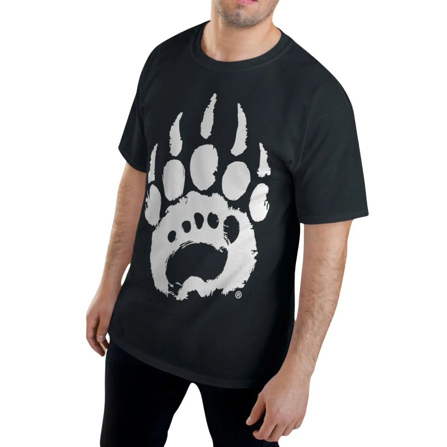 Oversized black t-shirt with white bear paw print, minimalist footwear vibe